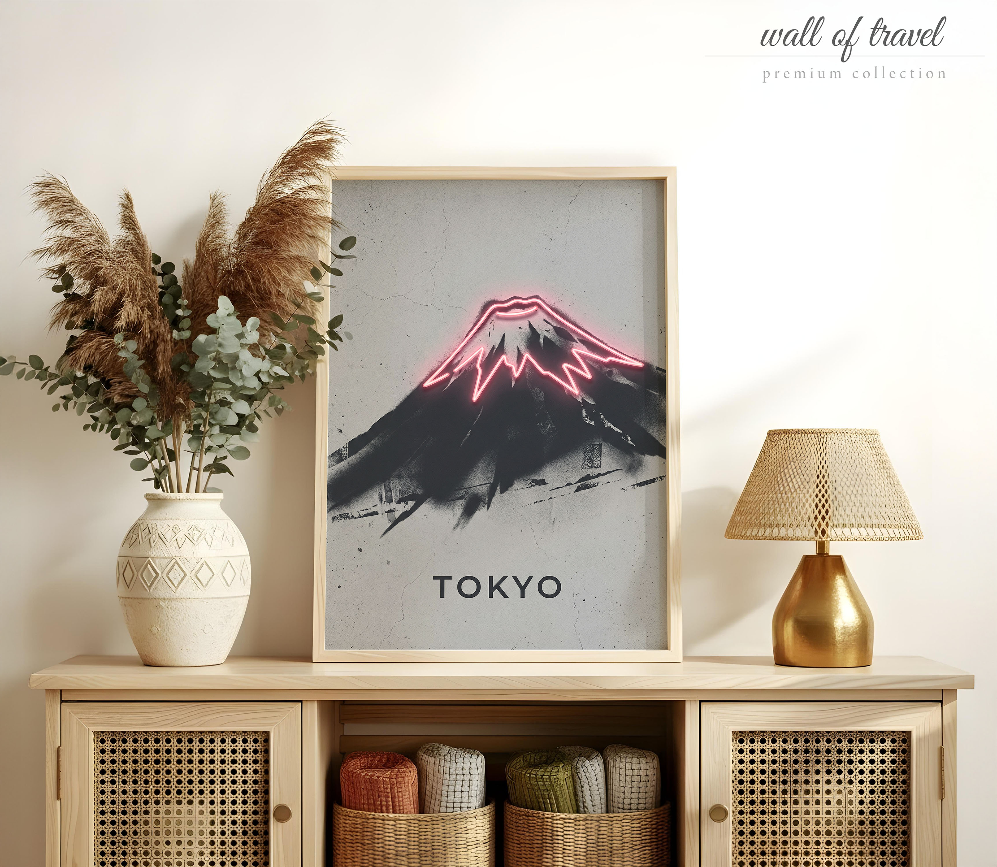 Tokyo Japan Mount Fuji Art, Canvas or Poster, Neon Paint Splash Decor, Living Room Entryway Office Vacation Home Wall Art, Grey Pink White