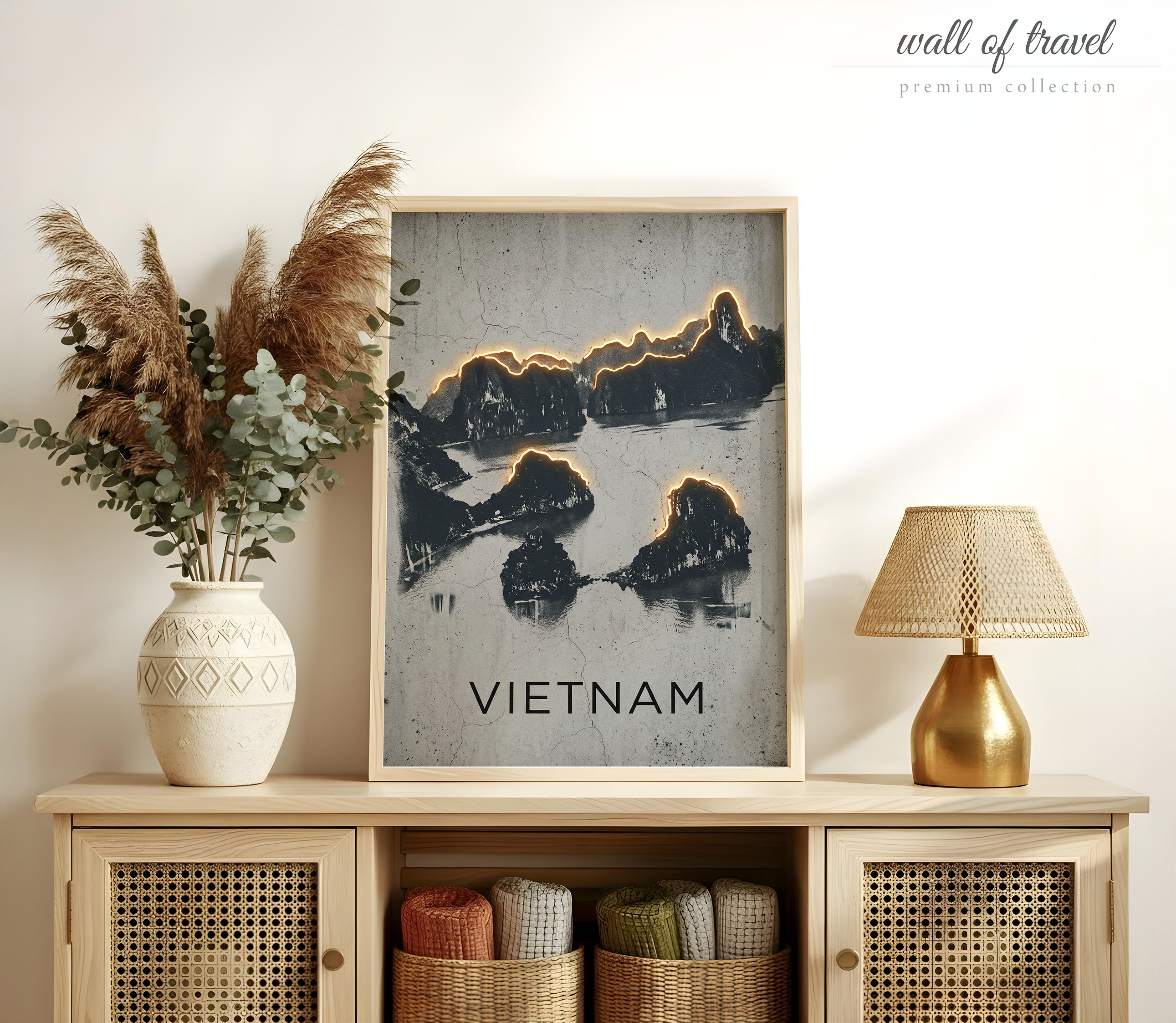 Vietnam Limestone Karsts of Ha Long Bay Art, Canvas or Poster, Neon Paint Splash Decor, Living Room Bedroom Entryway Wall Art, Black Grey