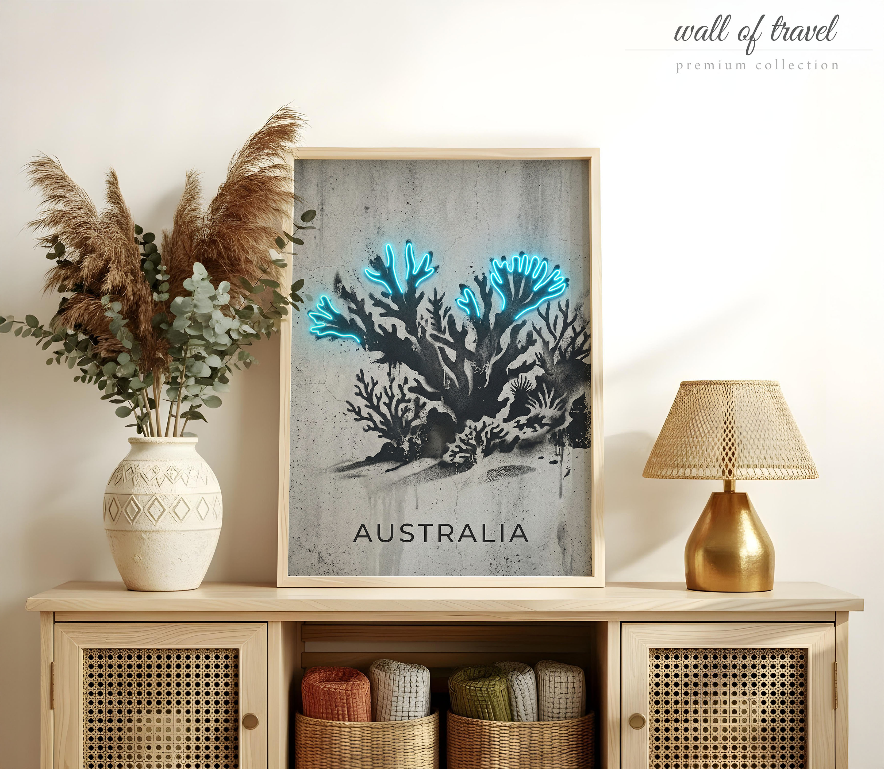Australia Australia Coral Reef Art, Canvas or Poster, Neon Paint Splash Decor, Living Room Bedroom Vacation Home Wall Art, Blue Black Grey