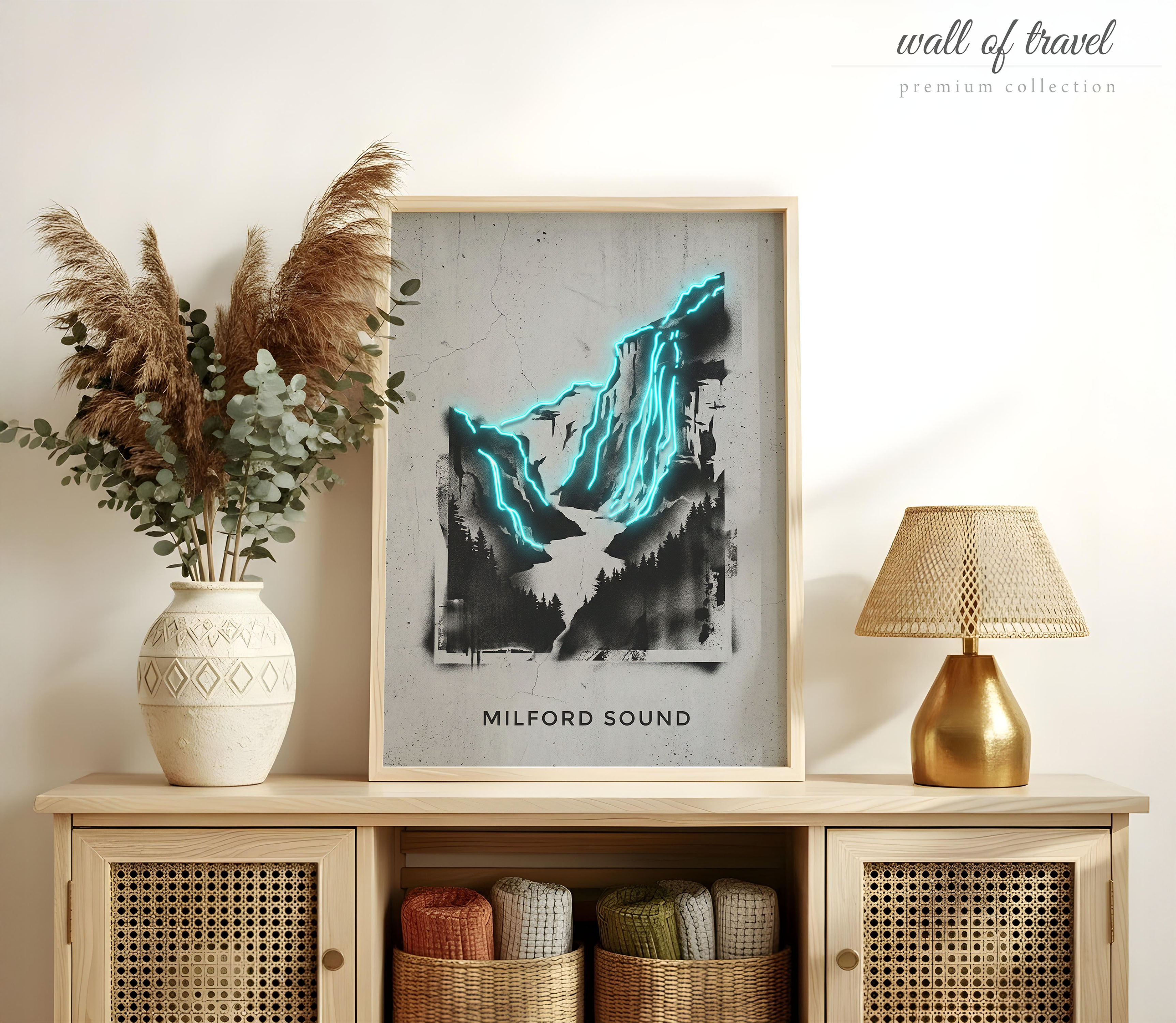 Milford Sound New Zealand Waterfall Art, Canvas or Poster, Neon Paint Splash Decor, Living Room Entryway Vacation Home Wall Art, Teal Grey