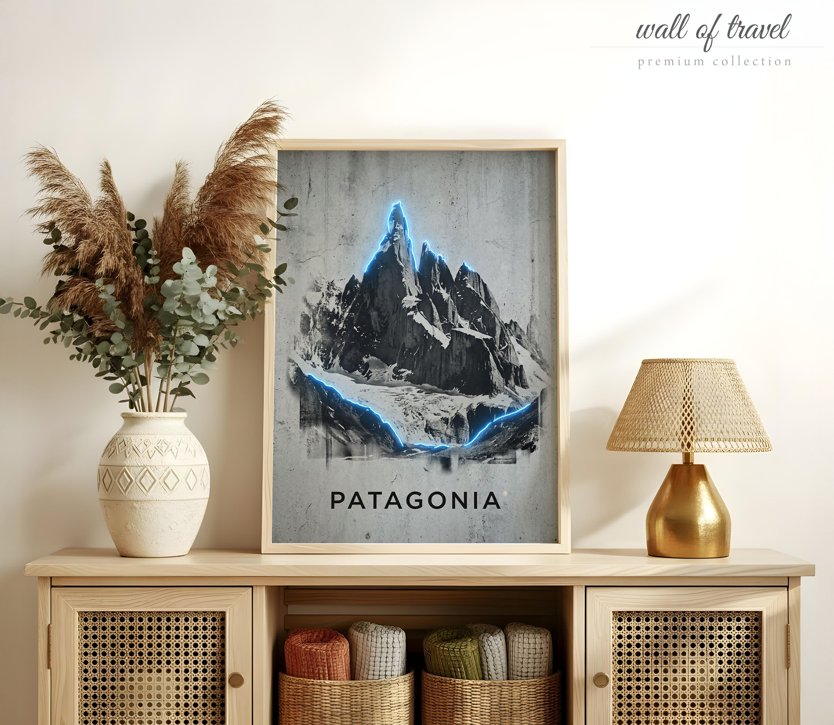 Patagonia Argentina/Chile Jagged Mountain Peaks Art, Canvas or Poster, Neon Paint Splash Decor, Living Room Office Den Wall Art, Blue Grey