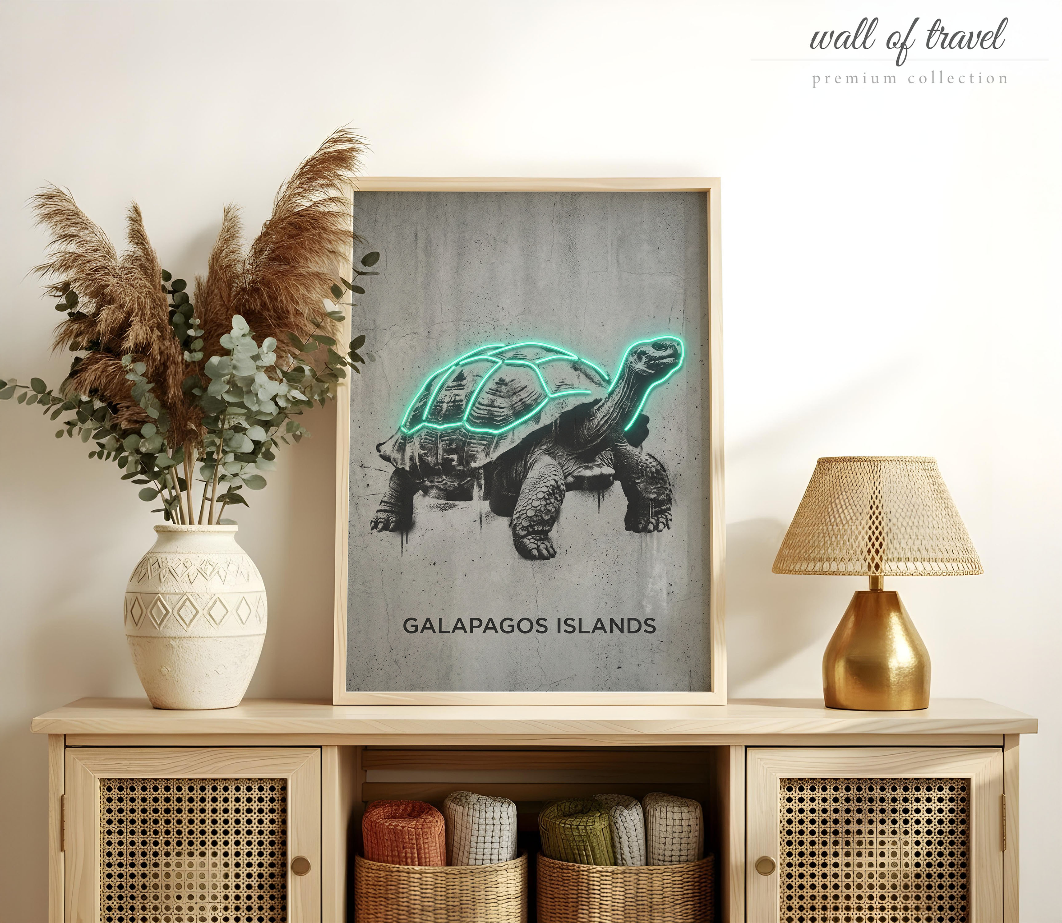 Galapagos Islands Ecuador Giant Tortoise Art, Canvas or Poster, Neon Paint Splash Decor, Living Room Office Den Wall Art, Teal Black Grey