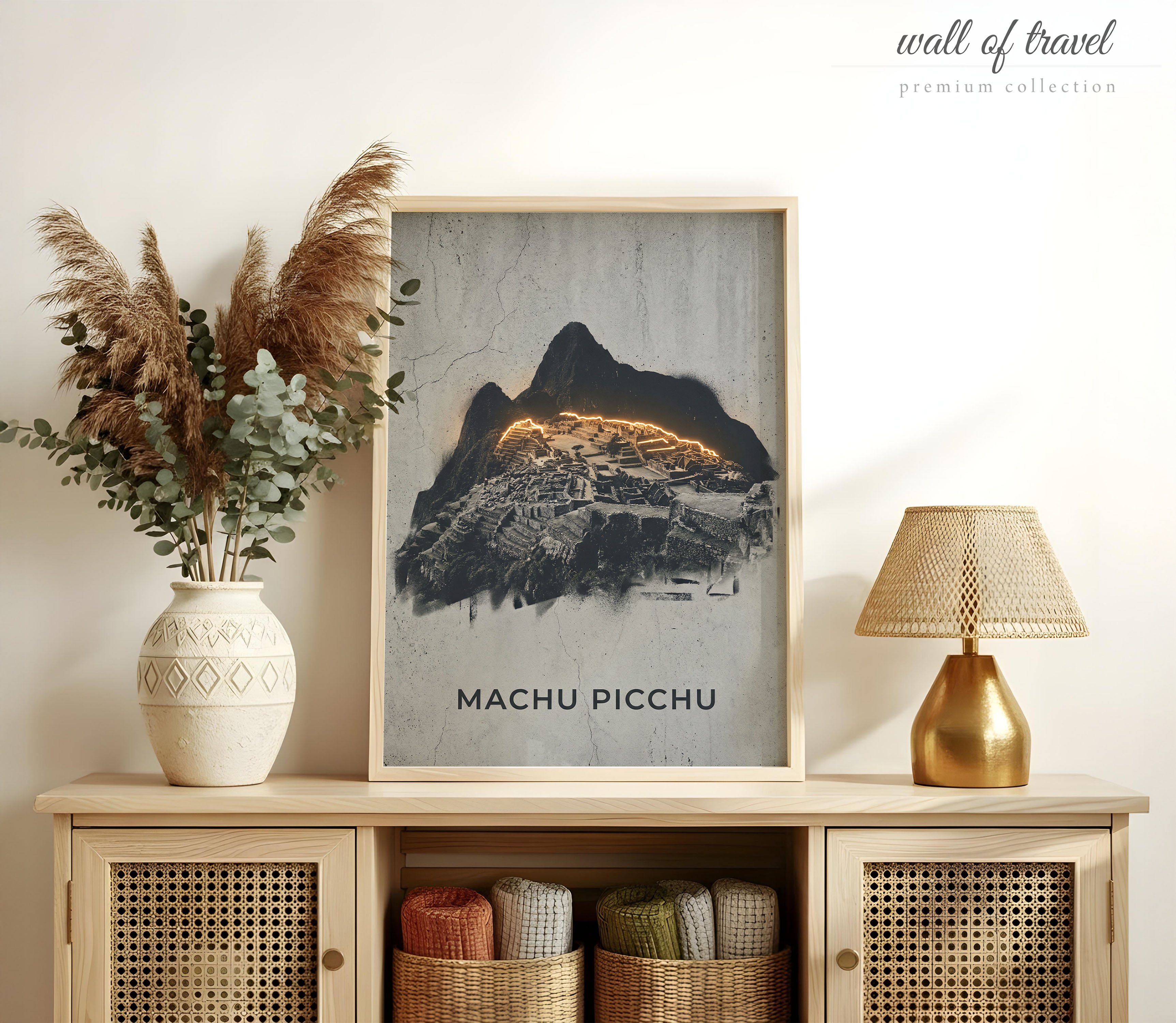 Machu Picchu Peru Ancient Inca Citadel Art, Canvas or Poster, Graffiti Pop Art Decor, Living Room Vacation Home Bedroom Wall Art, Gold Grey