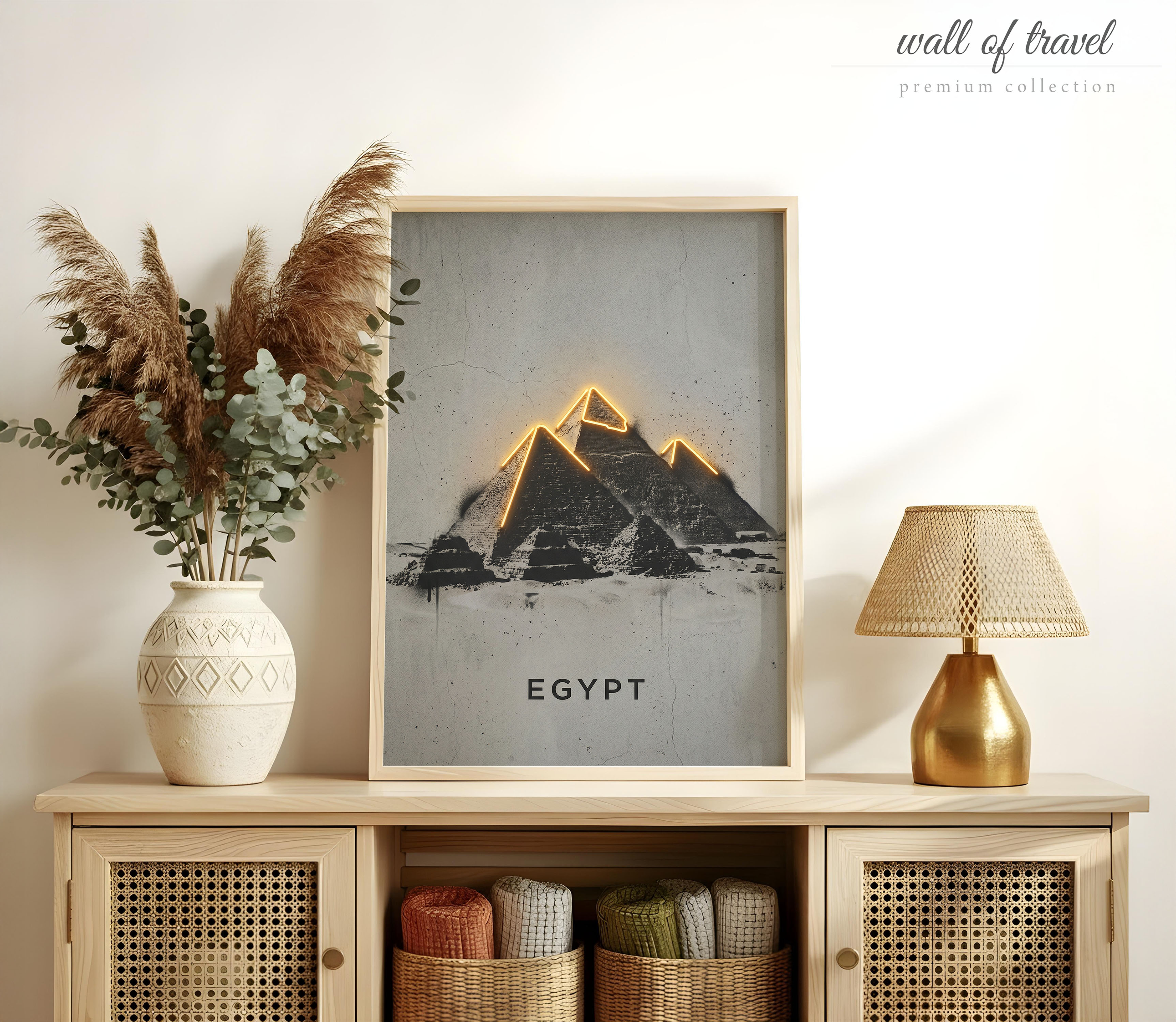Giza Egypt Pyramids of Art, Canvas or Poster, Neon Paint Splash Decor, Living Room Entryway Bedroom Vacation Home Wall Art, Gold Grey White