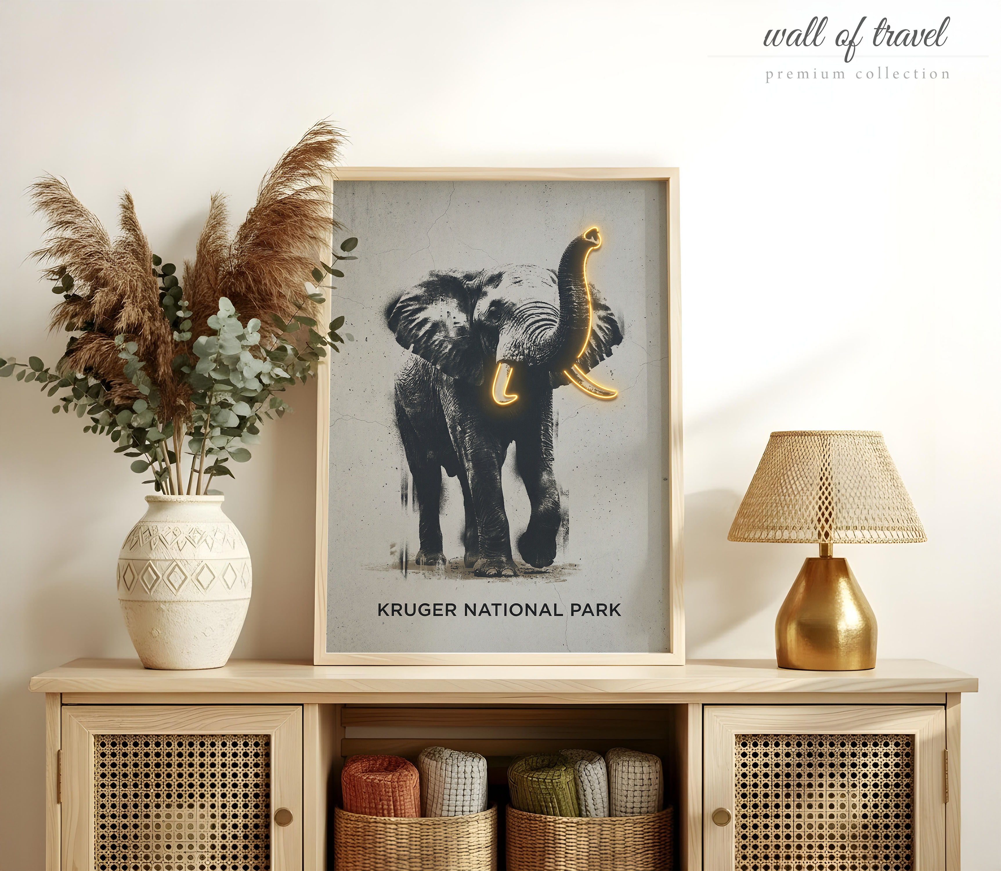 Kruger National Park South Africa Elephant Art, Canvas or Poster, Neon Paint Splash Decor, Living Room Office Vacation Home Wall Art, White