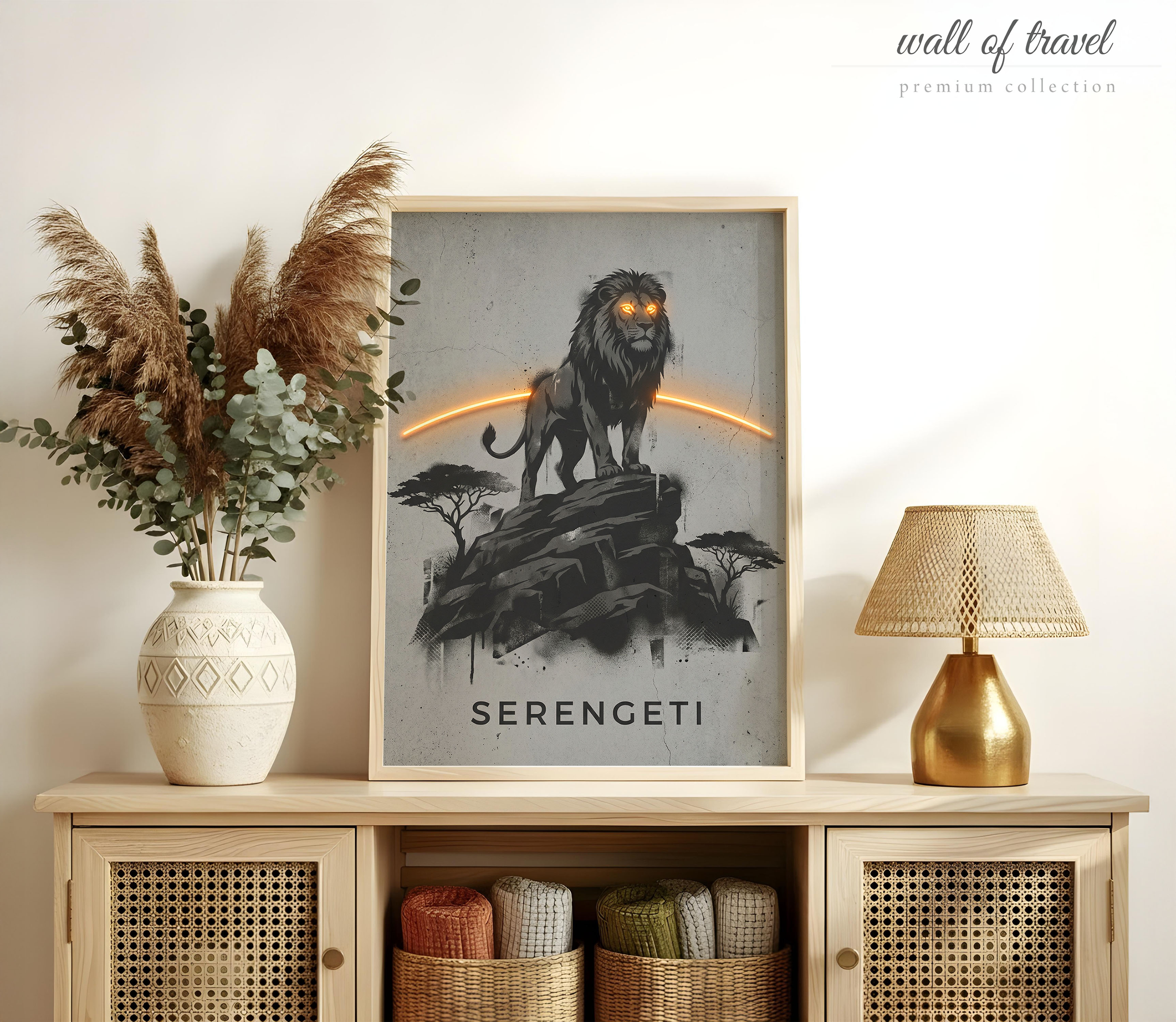 Serengeti Tanzania Lion Art, Canvas or Poster, Neon Paint Splash Decor, Living Room Bedroom Study Vacation Home Wall Art, Black Grey White