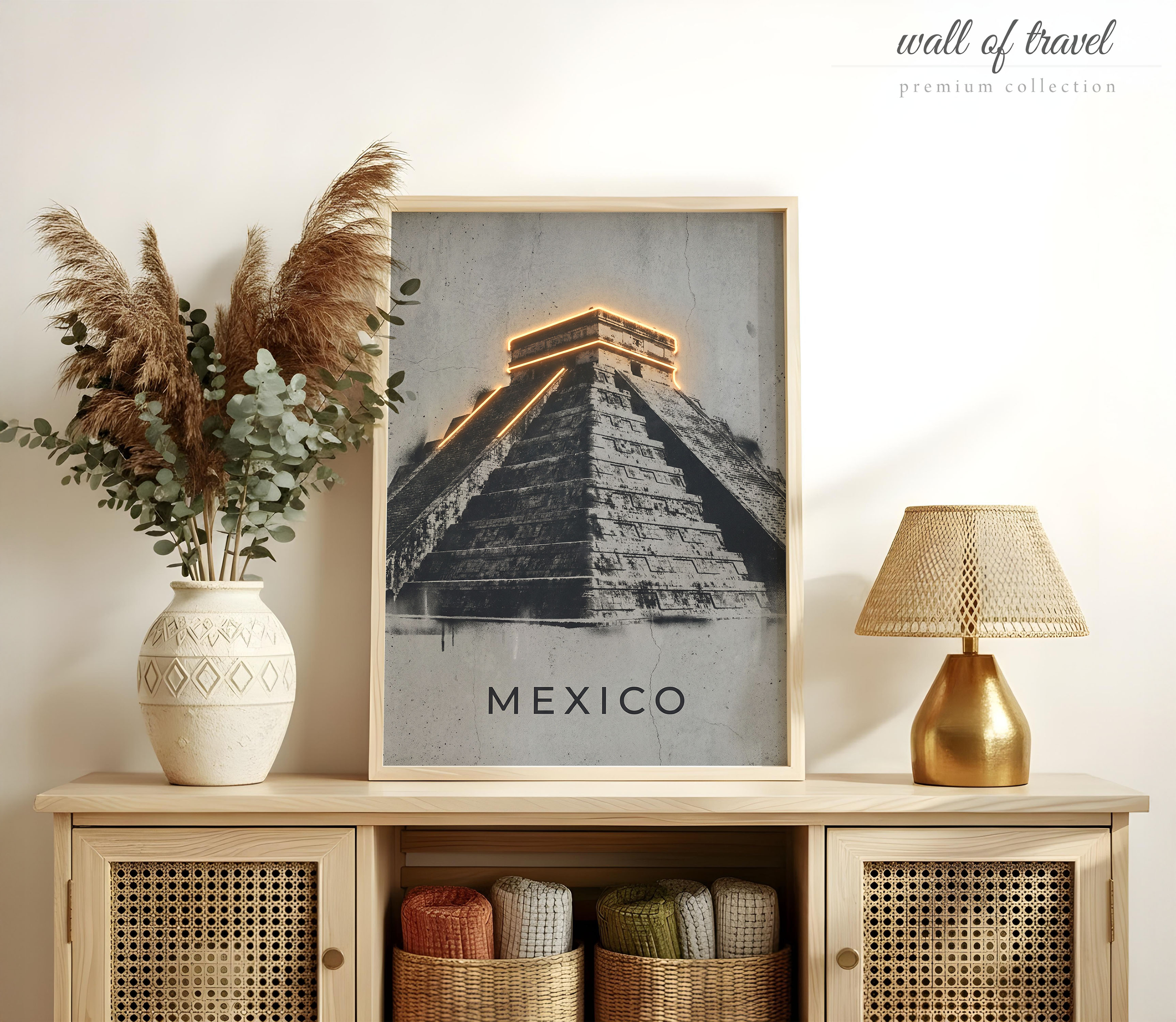 Mexico El Castillo Art, Canvas or Poster, Neon Paint Splash Decor, Living Room Entryway Home Bar Vacation Home Wall Art, Black Grey White