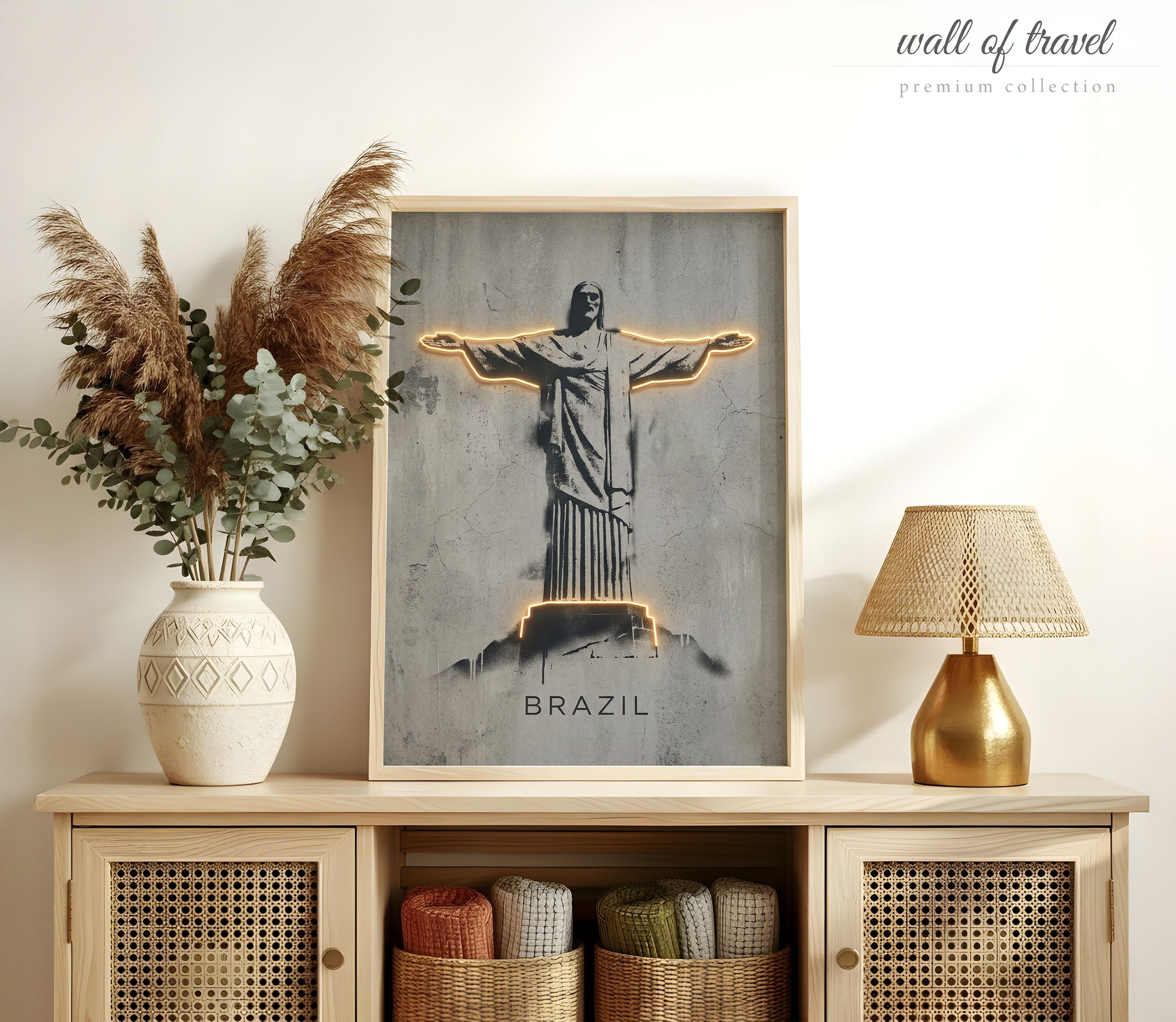 Rio de Janeiro Brazil Christ the Redeemer Art, Canvas or Poster, Neon Paint Splash Decor, Living Room Entryway Vacation Home Wall Art, Gold