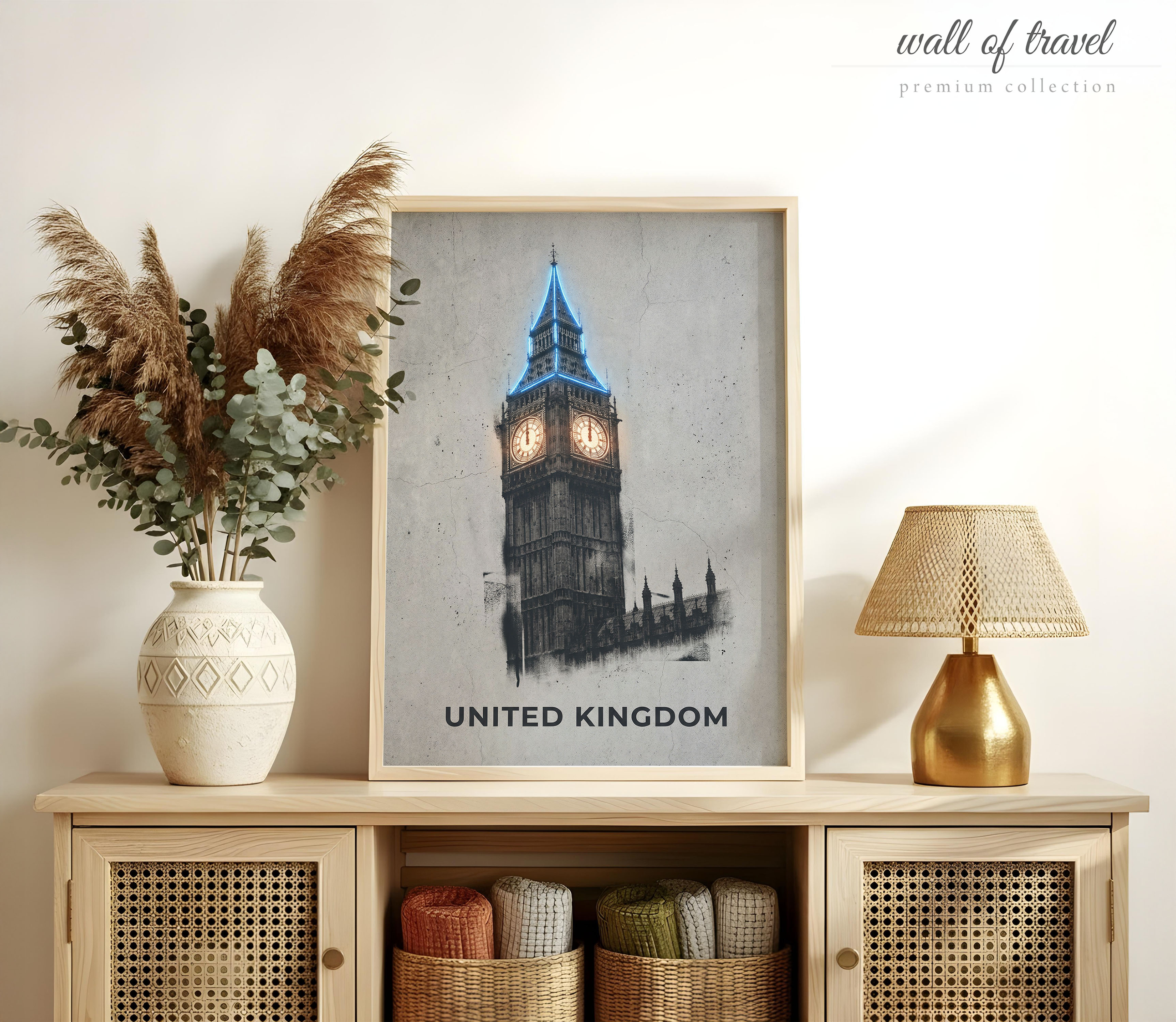 London United Kingdom Elizabeth Tower Art, Canvas or Poster, Vintage Screen Print Decor, Living Room Office Entryway Wall Art, White Blue
