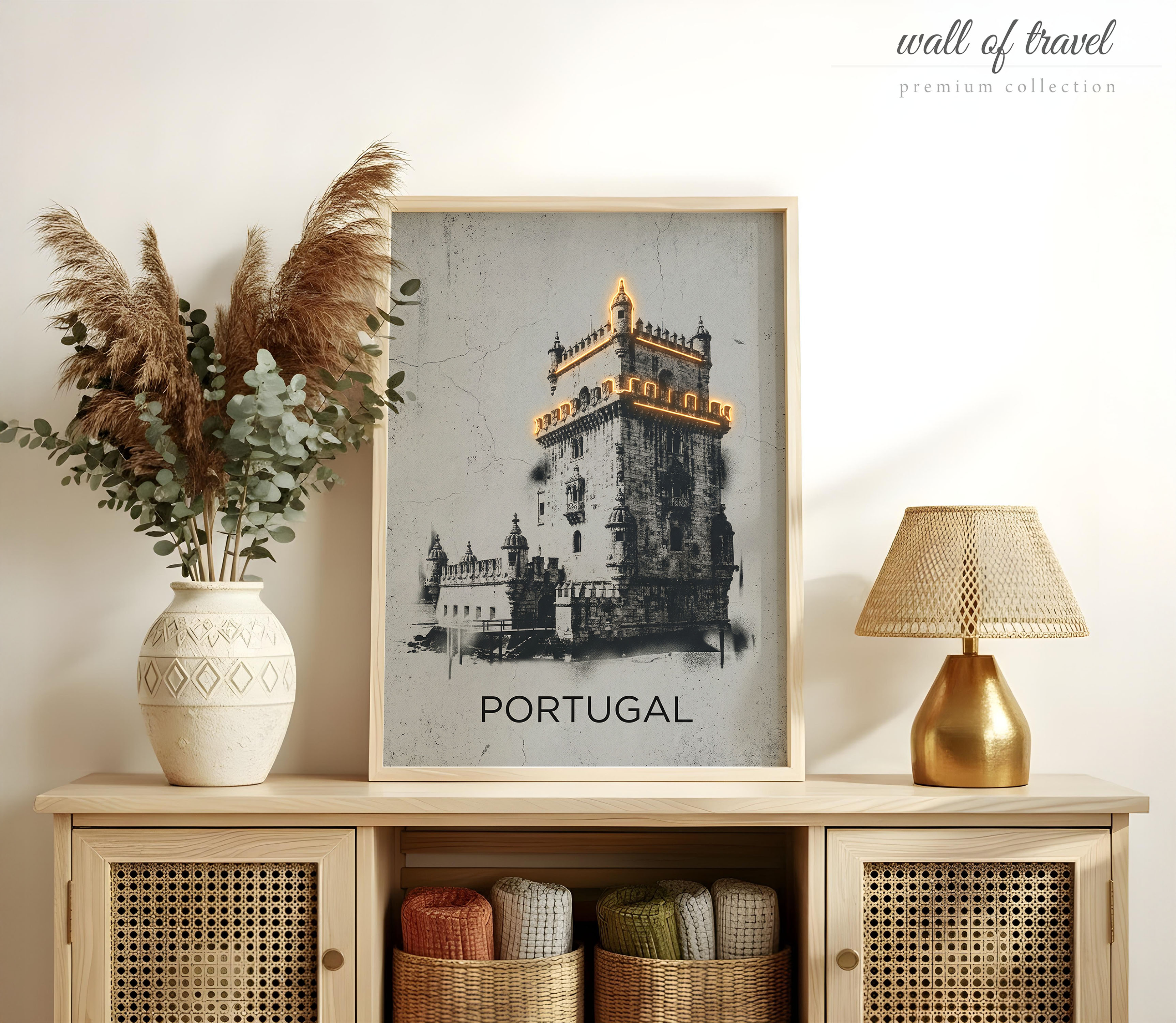Lisbon Portugal Belém Tower Art, Canvas or Poster, Neon Paint Splash Decor, Living Room Office Entryway Wall Art, Black White Gold Grey