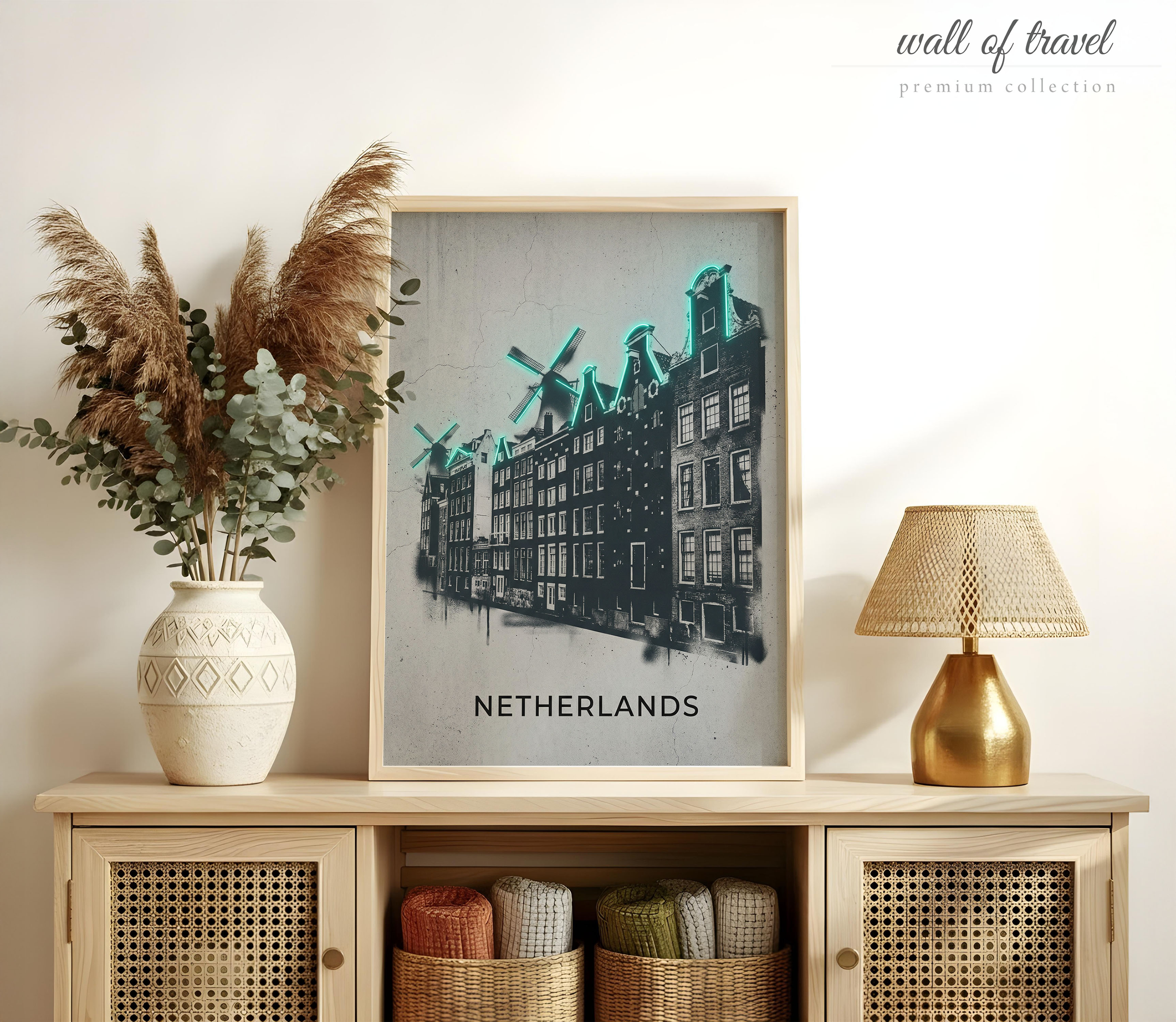Amsterdam Netherlands Canal Houses Art, Canvas or Poster, Neon Paint Splash Decor, Living Room Office Entryway Wall Art, Teal Black Grey
