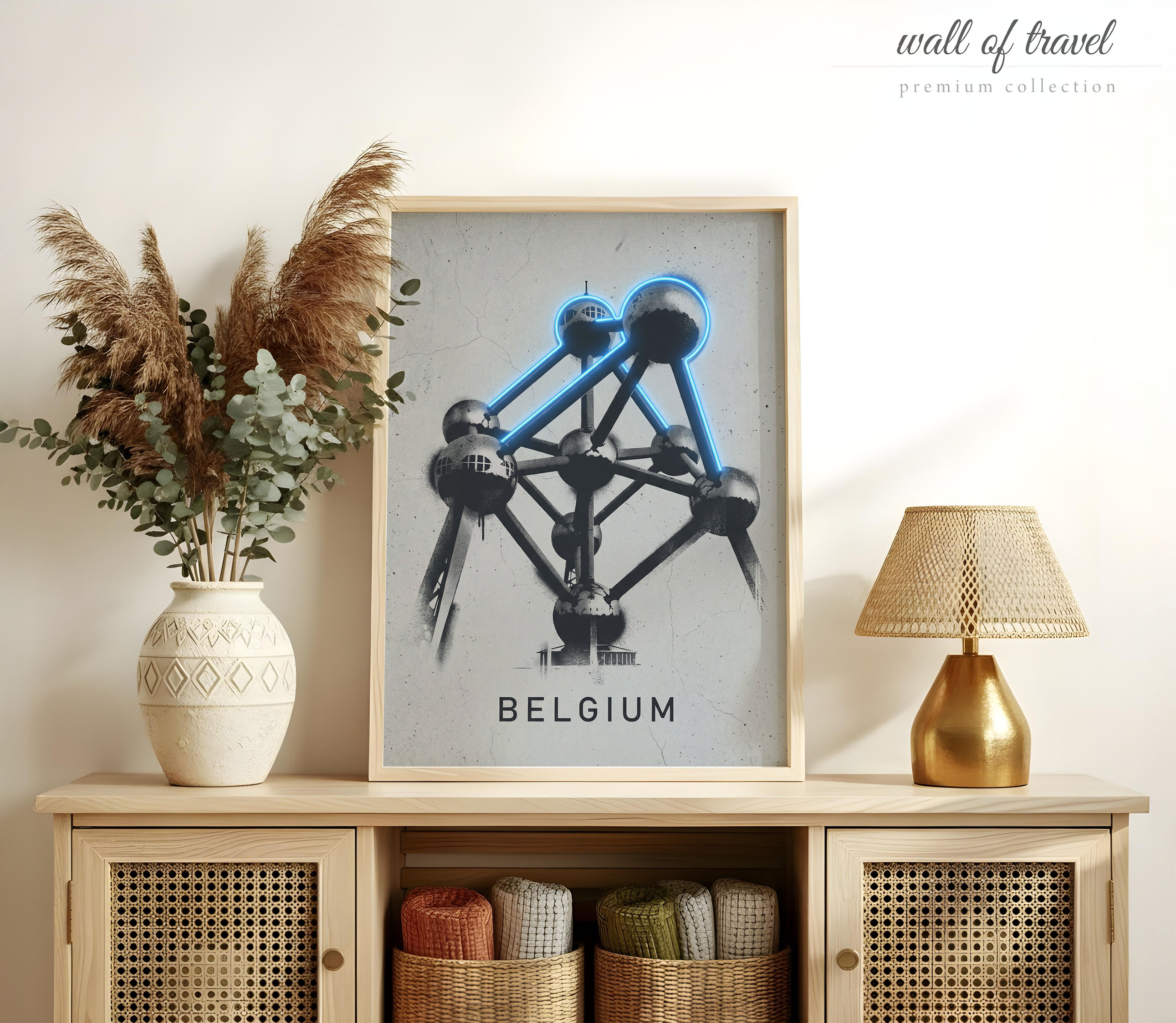 Brussels Belgium Atomium Art, Canvas or Poster, Neon Paint Splash Decor, Living Room Office Entryway Wall Art, Blue Black White