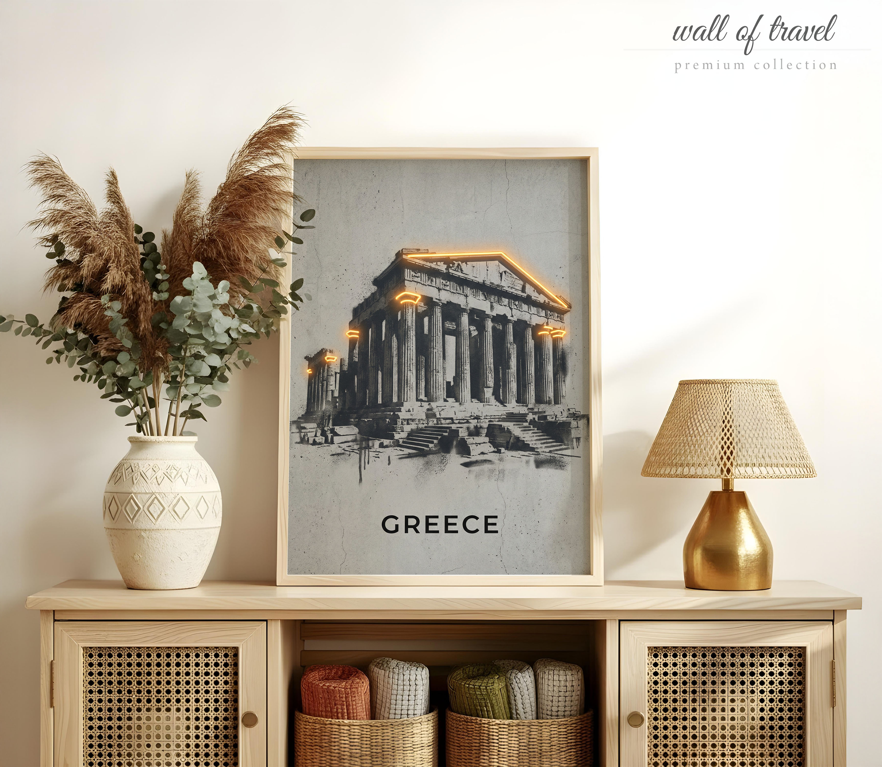 Athens Greece The Parthenon Art, Canvas or Poster, Graffiti Pop Art Decor, Living Room Office Entryway Wall Art, Black White Orange Grey