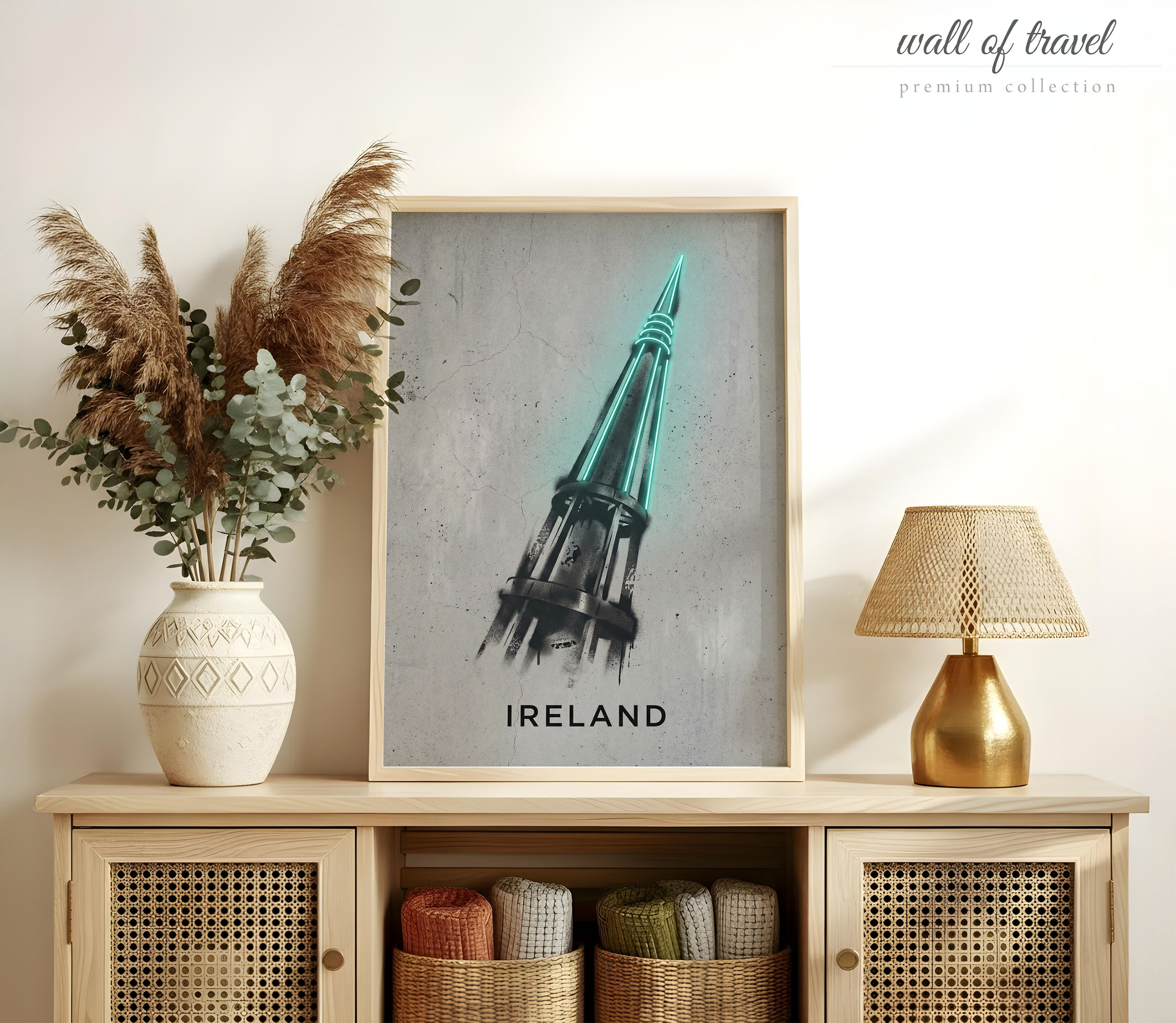 Ireland Spire of Dublin Art, Canvas or Poster, Neon Paint Splash Decor, Living Room Entryway Office Vacation Home Wall Art, Teal Grey White