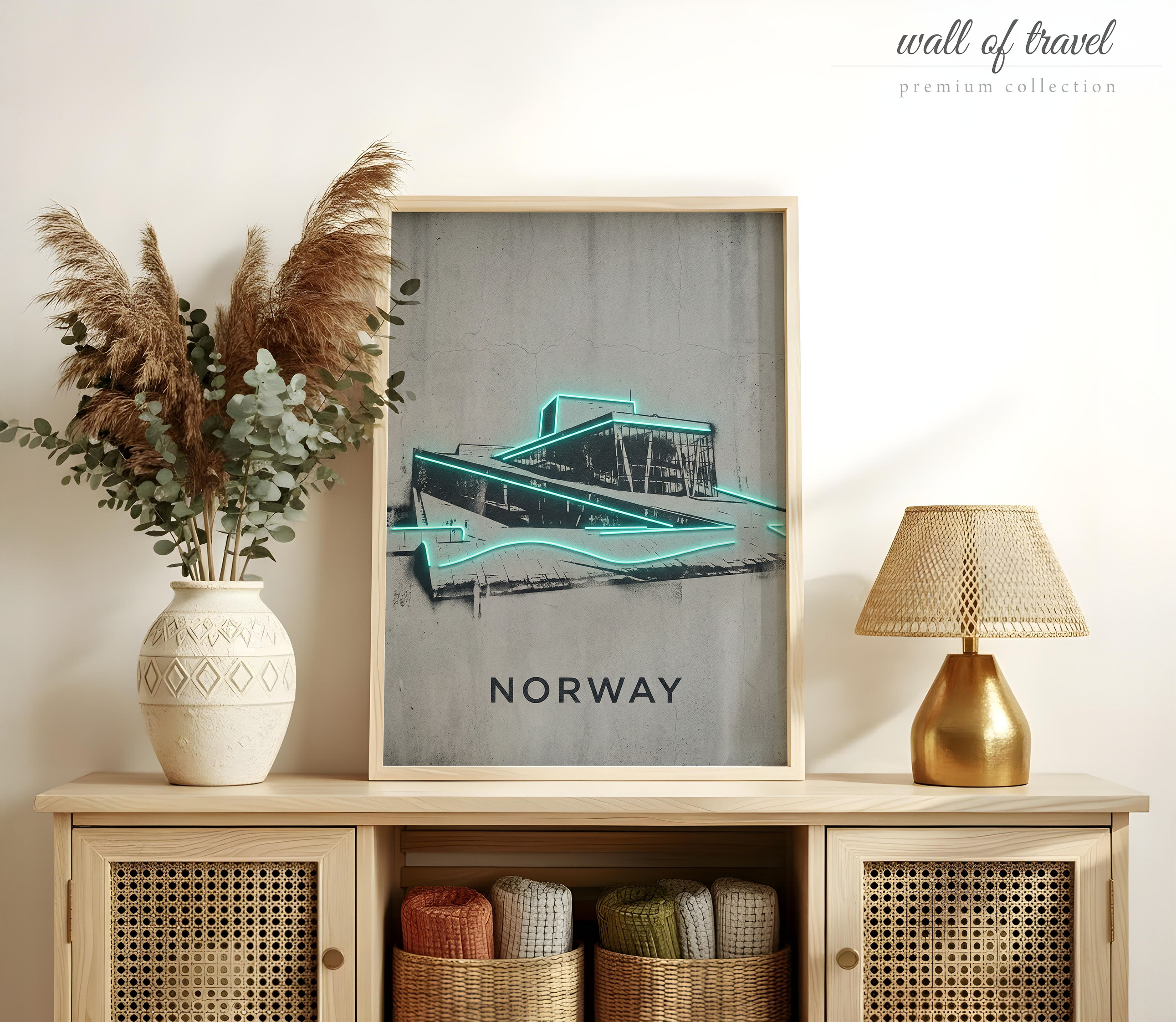 Norway Modern Architectural Building Art, Canvas or Poster, Neon Paint Splash Decor, Living Room Office Entryway Wall Art, Teal Black Grey