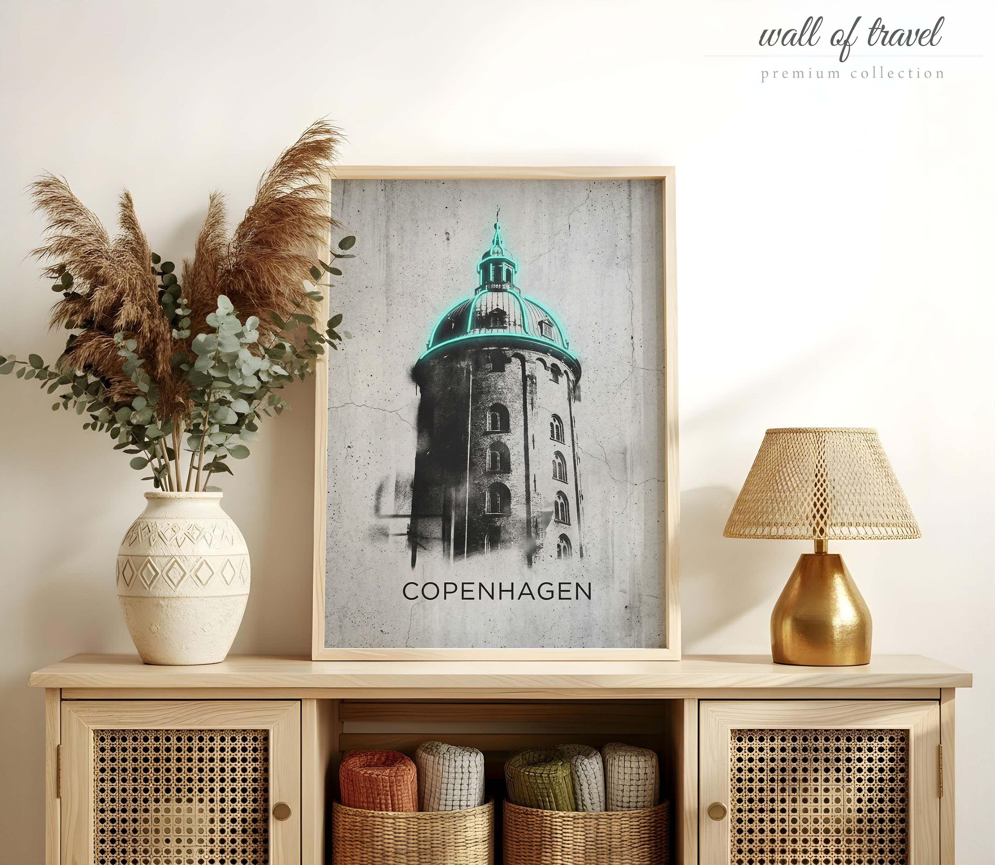 Copenhagen Denmark The Round Tower Art, Canvas or Poster, Neon Paint Splash Decor, Living Room Office Entryway Wall Art, Teal Black Grey
