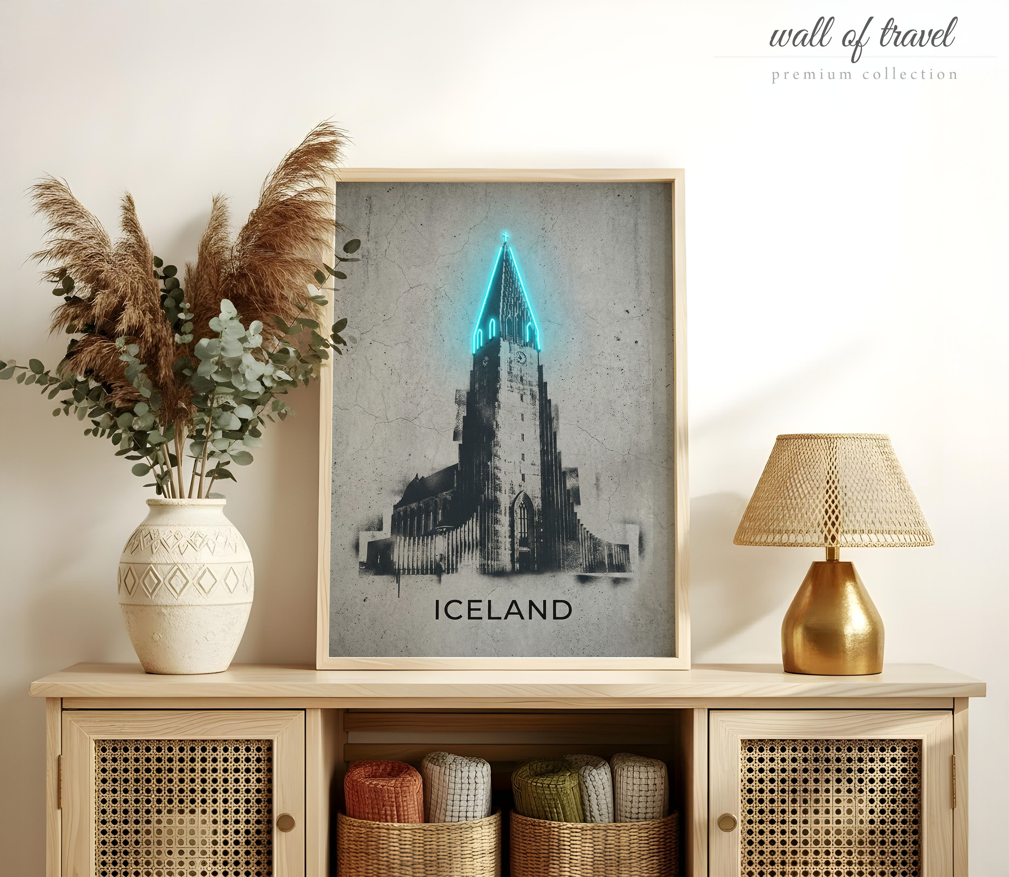Reykjavik Iceland Hallgrímskirkja Church Art, Canvas or Poster, Neon Paint Splash Decor, Living Room Office Entryway Wall Art, Blue Grey