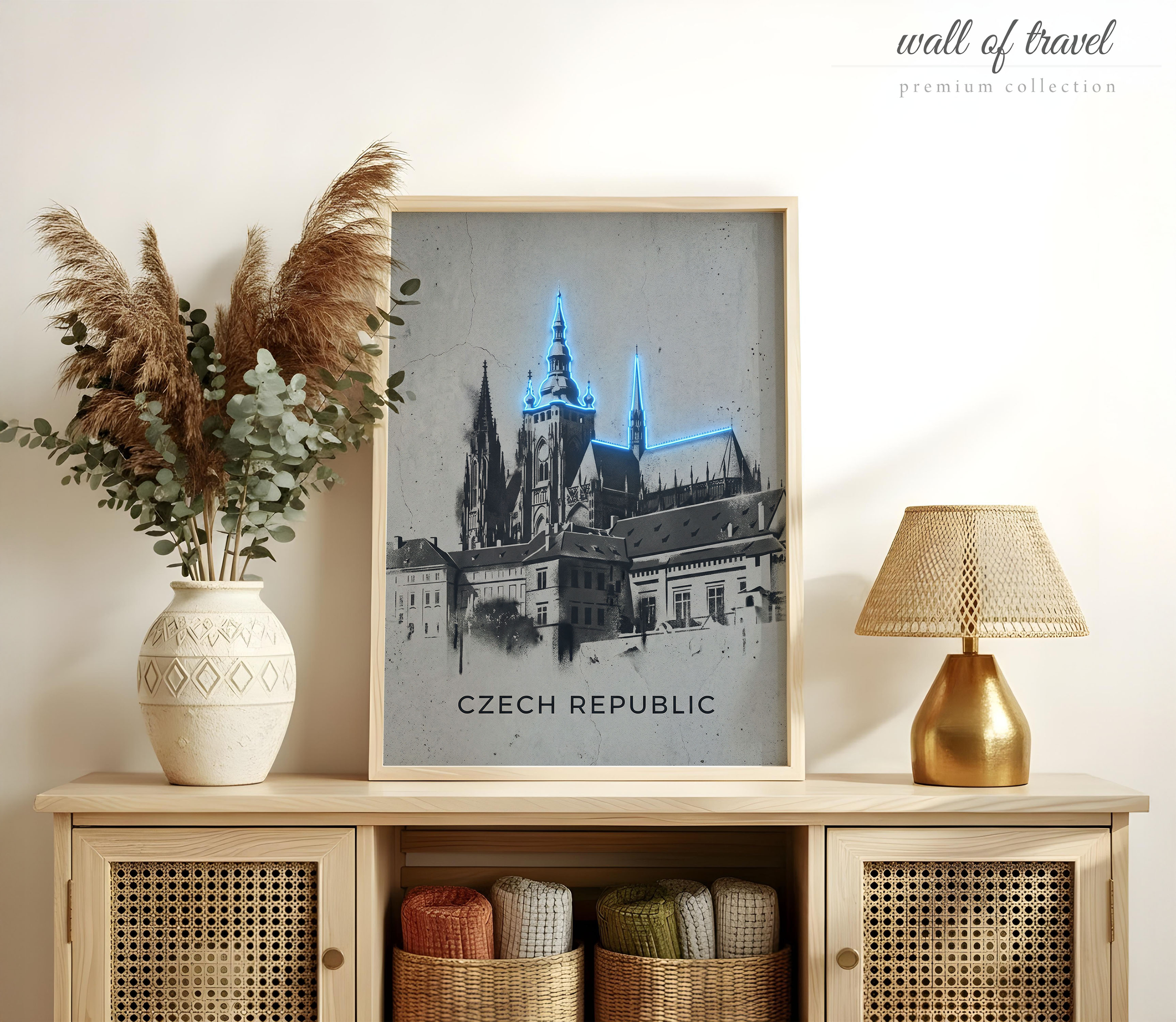 Prague Czech Republic St. Vitus Cathedral Art, Canvas or Poster, Neon Paint Splash Decor, Living Room Study Office Wall Art, Blue Grey Black