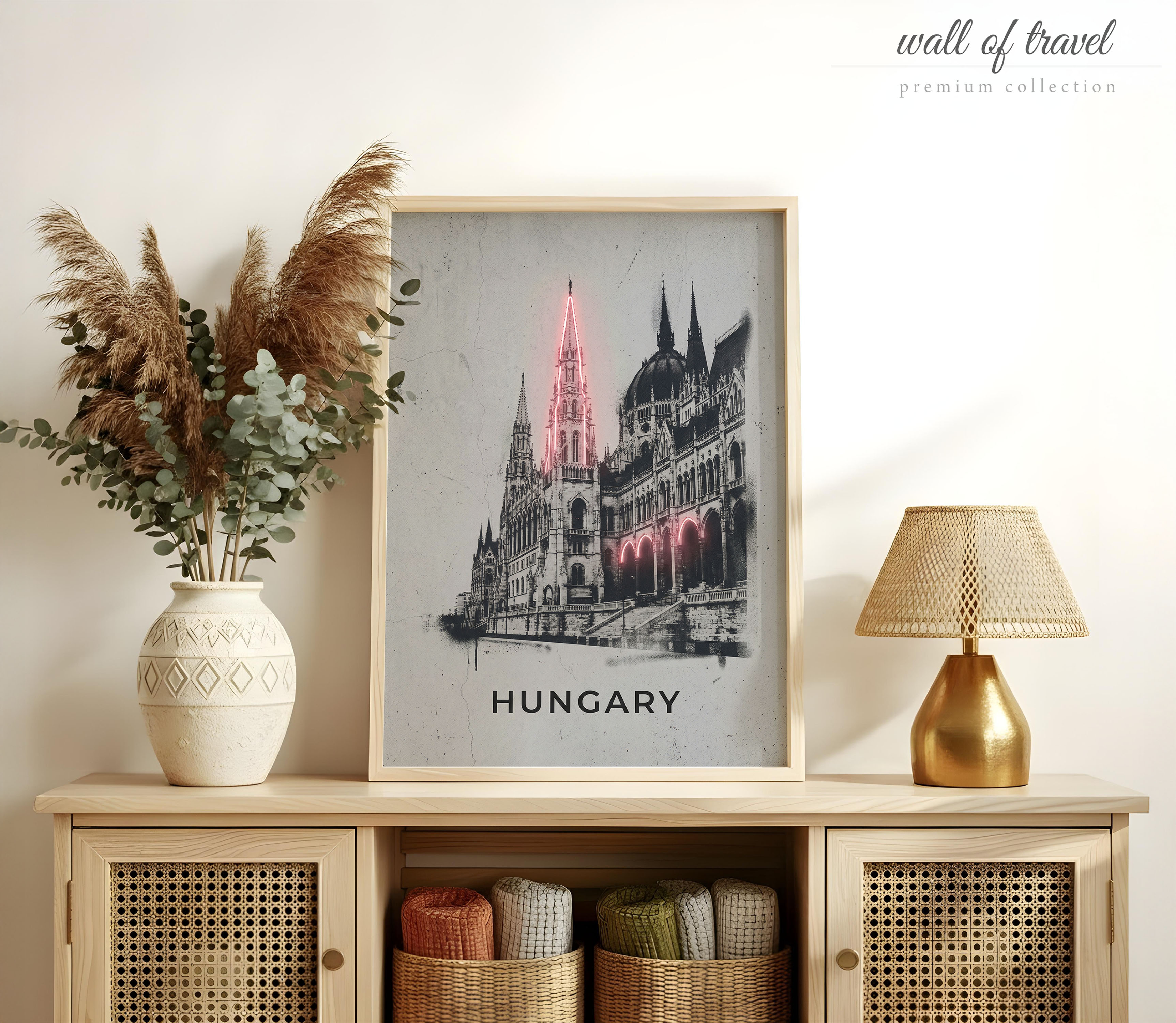 Budapest Hungary Hungarian Parliament Building Art, Canvas or Poster, Neon Paint Splash Decor, Living Room Office Entryway Wall Art, Pink
