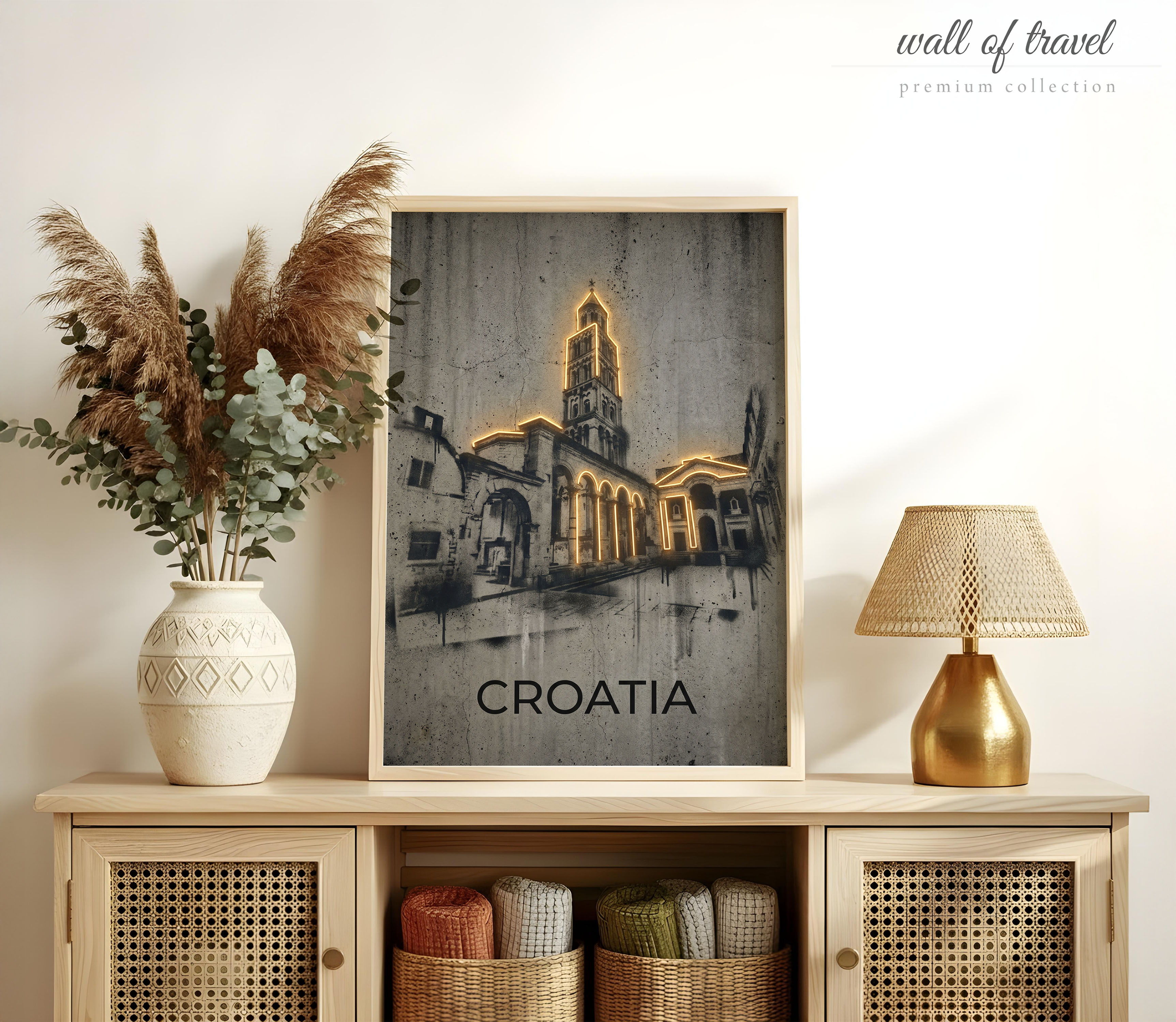 Split Croatia Diocletian's Palace Art, Canvas or Poster, Neon Paint Splash Decor, Living Room Entryway Home Bar Wall Art, Gold Grey Black