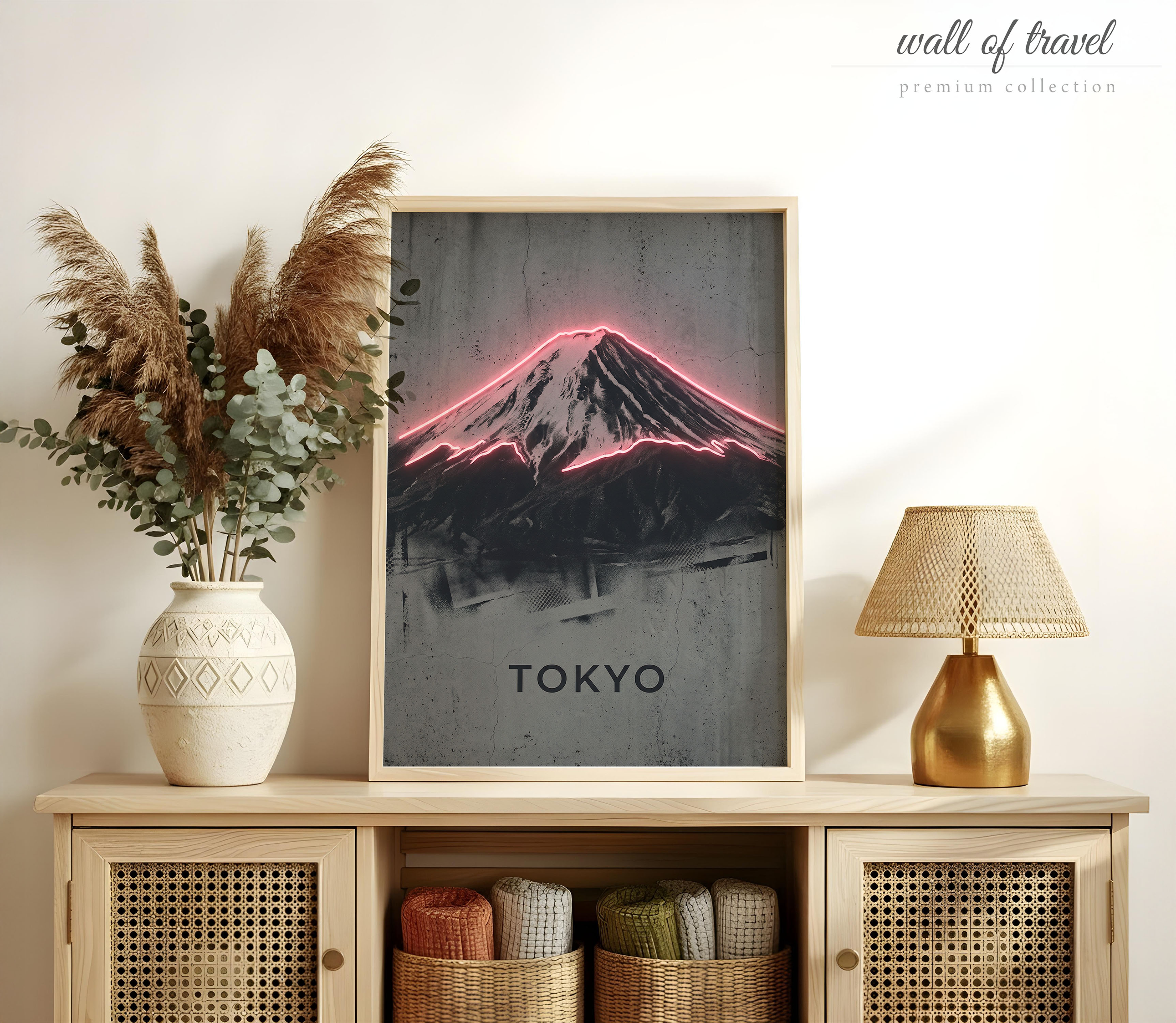 Tokyo Japan Mount Fuji Art, Canvas or Poster, Neon Paint Splash Decor, Living Room Entryway Office Vacation Home Wall Art, Pink Grey White