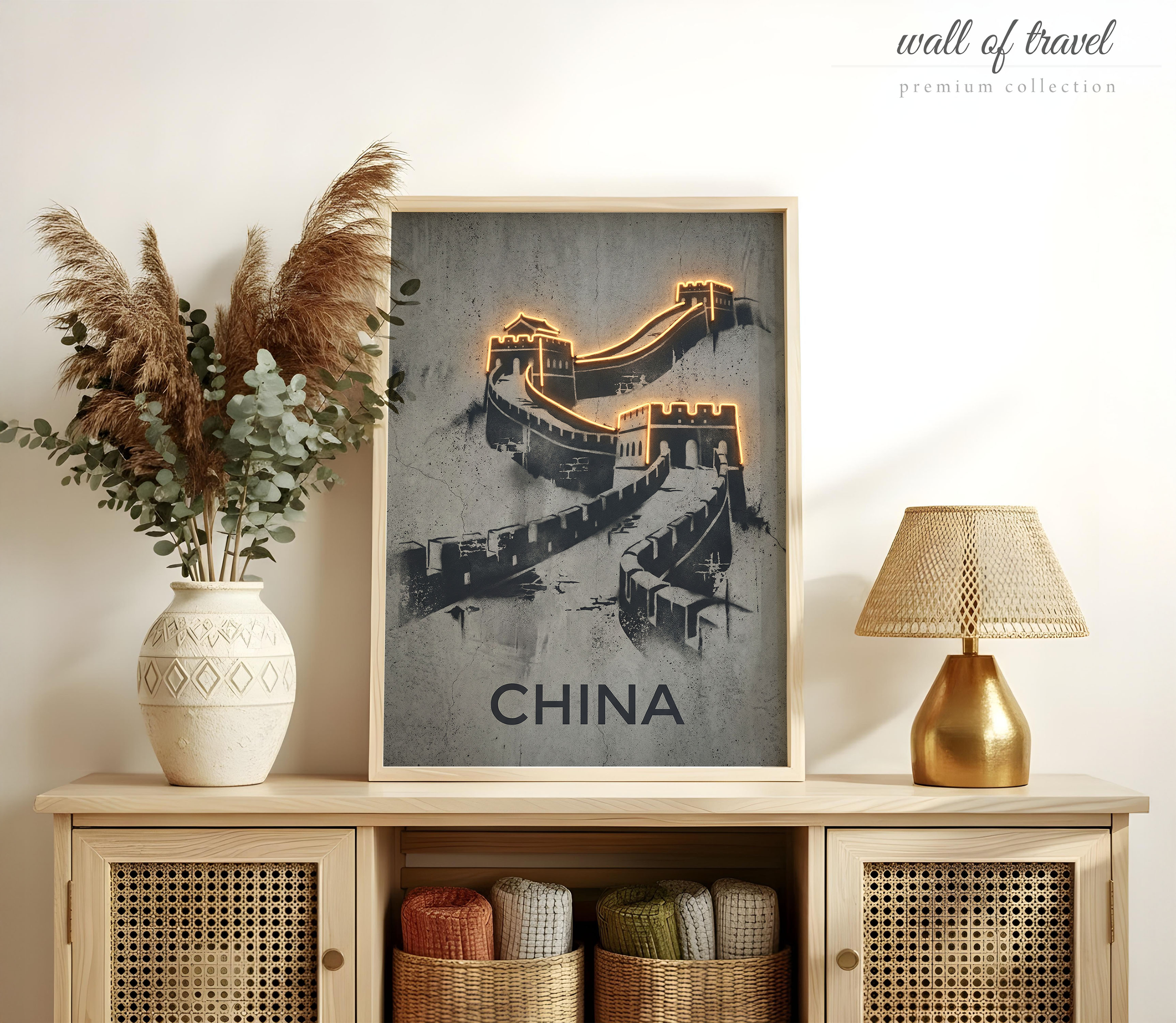 China Great Wall of Art, Canvas or Poster, Neon Paint Splash Decor, Living Room Entryway Office Vacation Home Wall Art, Grey Black White