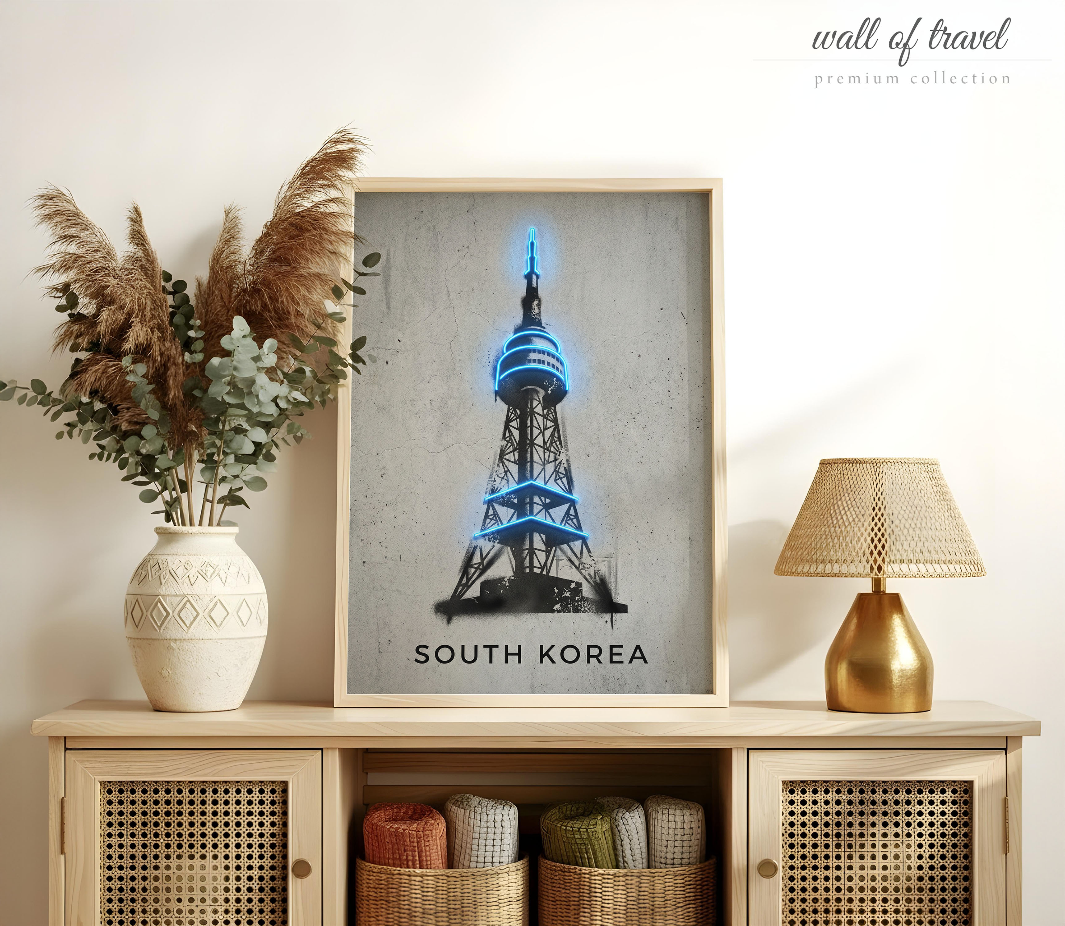 Seoul South Korea N Tower Art, Canvas or Poster, Graffiti Pop Art Decor, Living Room Office Den Vacation Home Wall Art, Blue White Grey