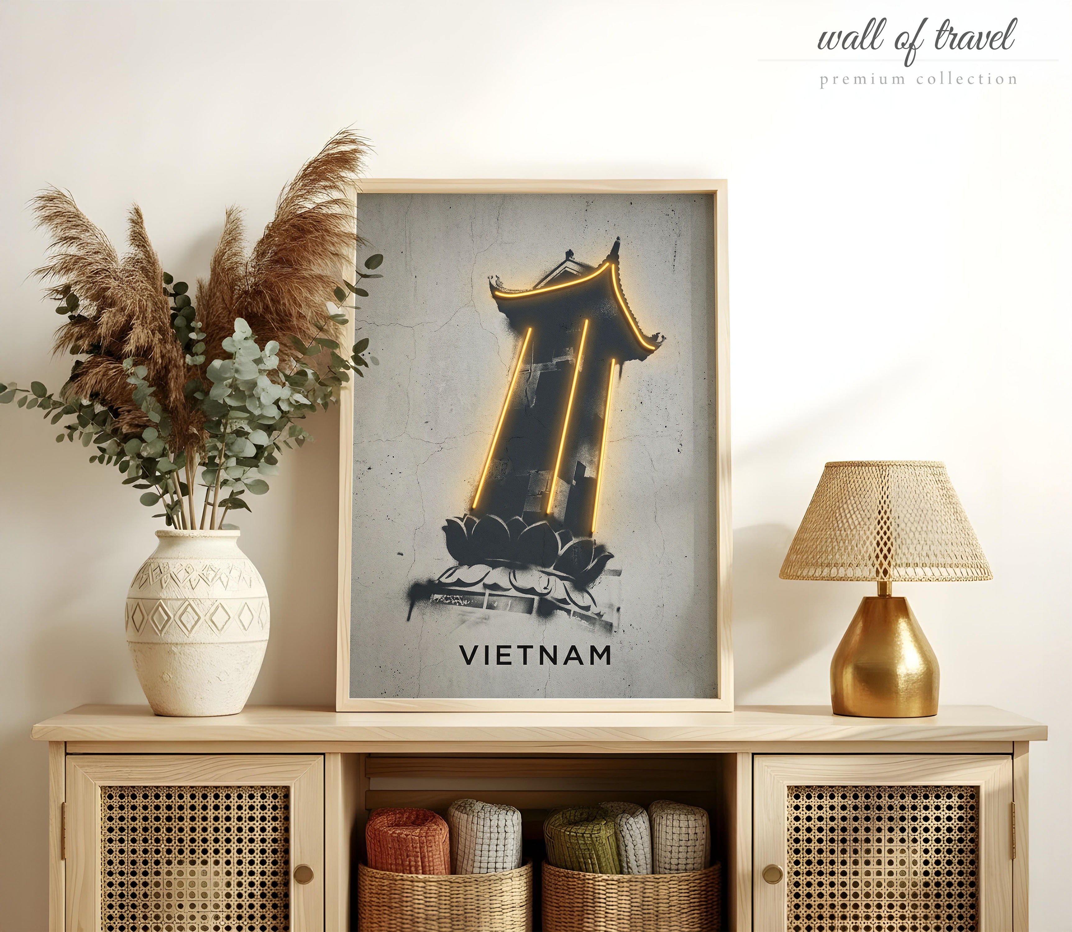 Vietnam Pagoda Art, Canvas or Poster, Neon Paint Splash Decor, Living Room Entryway Office Vacation Home Wall Art, Gold Black Grey White