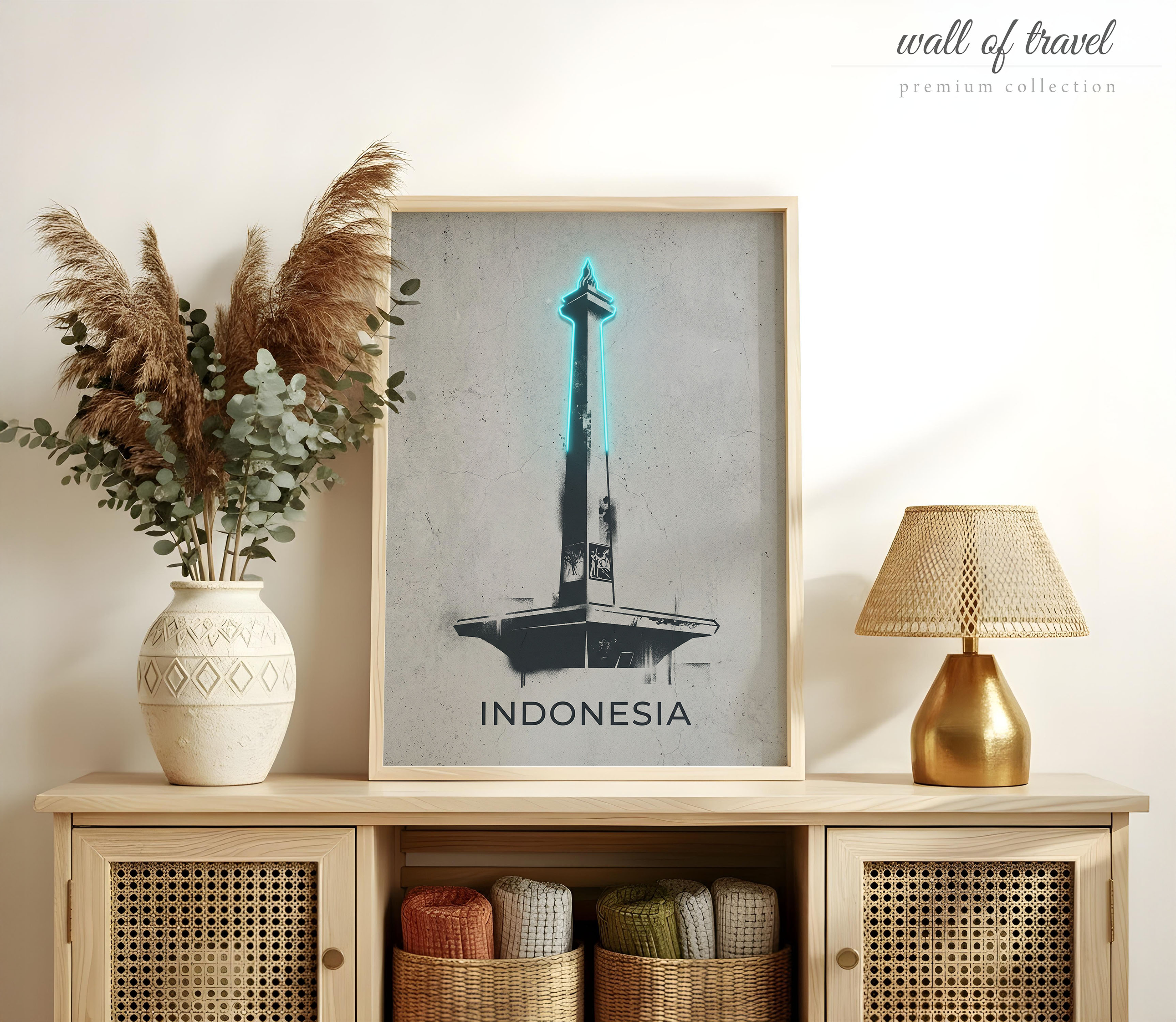 Indonesia National Monument Art, Canvas or Poster, Neon Paint Splash Decor, Living Room Office Entryway Wall Art, Blue Black Grey White