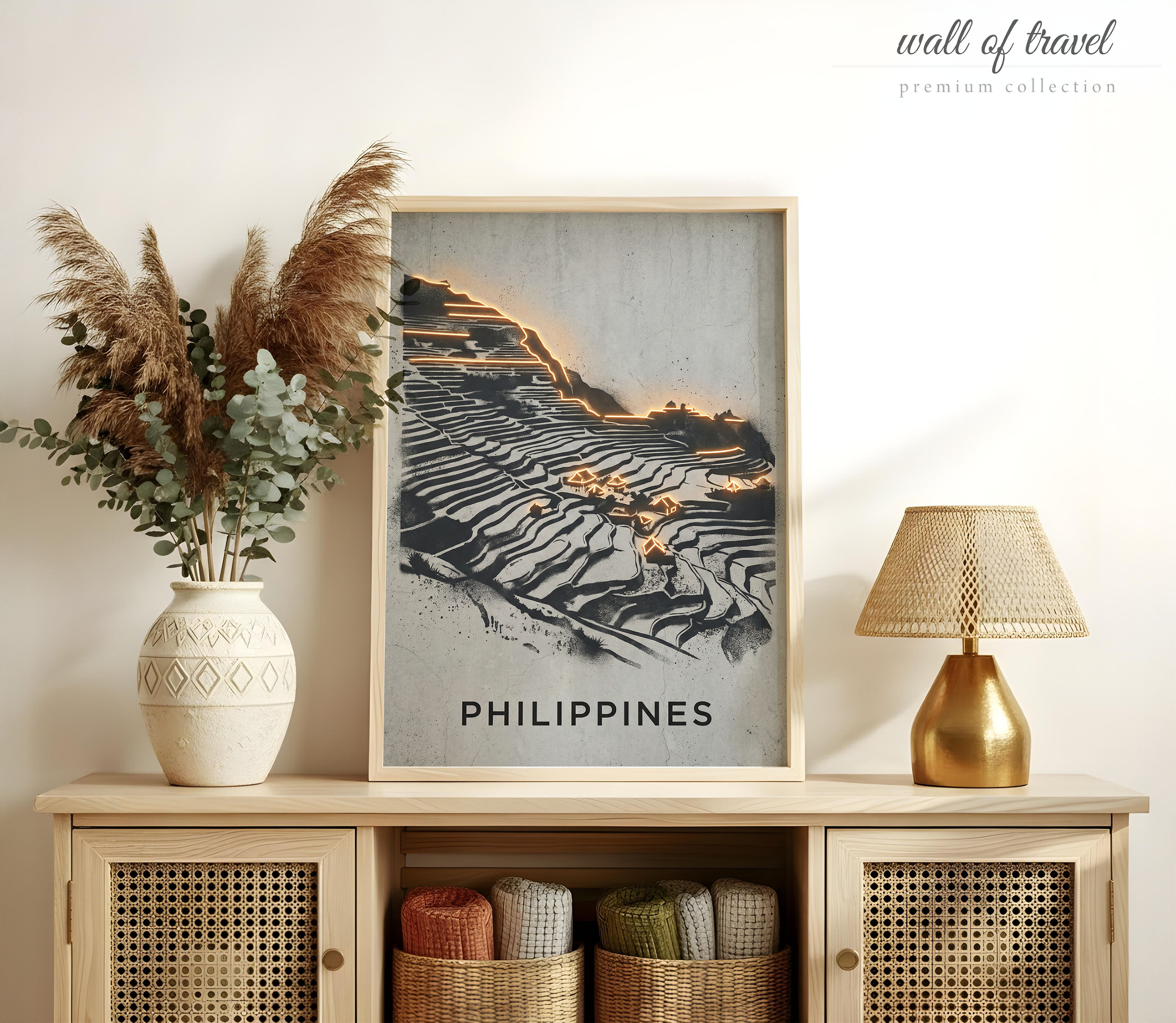Philippines Banaue Rice Terraces Art, Canvas or Poster, Neon Paint Splash Decor, Living Room Bedroom Airbnb Wall Art, Black Orange Grey