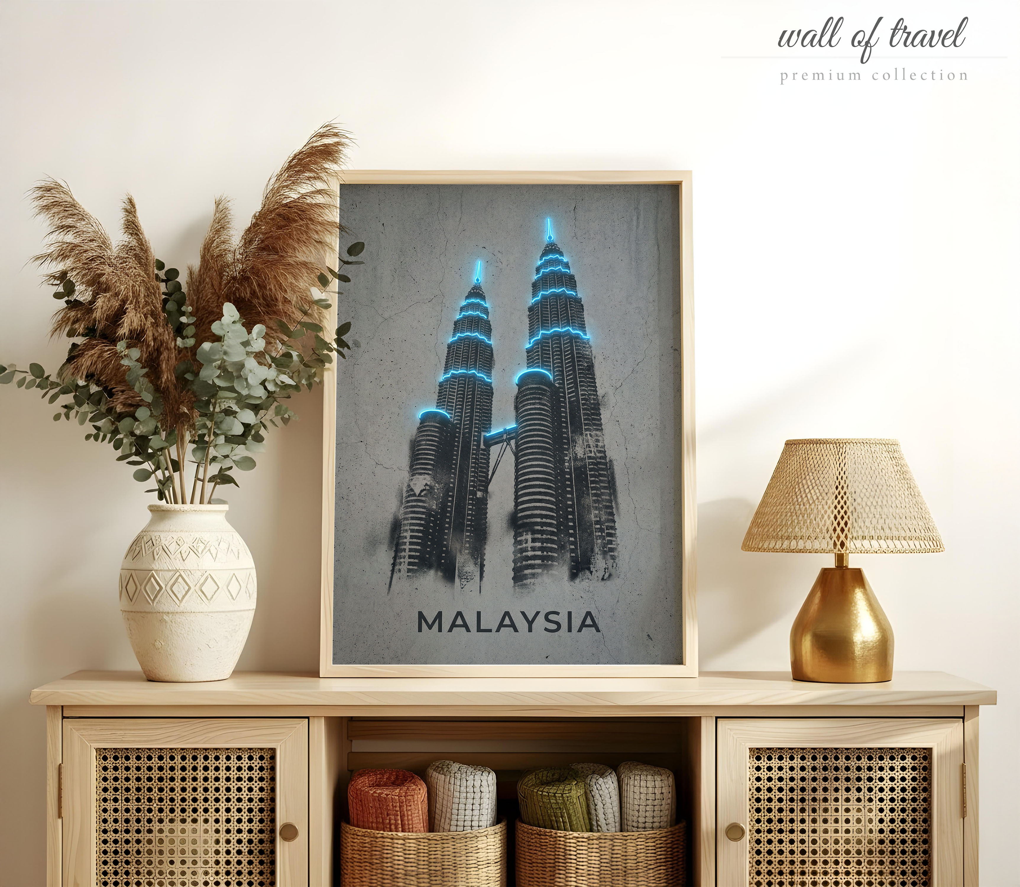 Kuala Lumpur Malaysia Petronas Twin Towers Art, Canvas or Poster, Neon Paint Splash Decor, Living Room Office Entryway Wall Art, Blue Grey