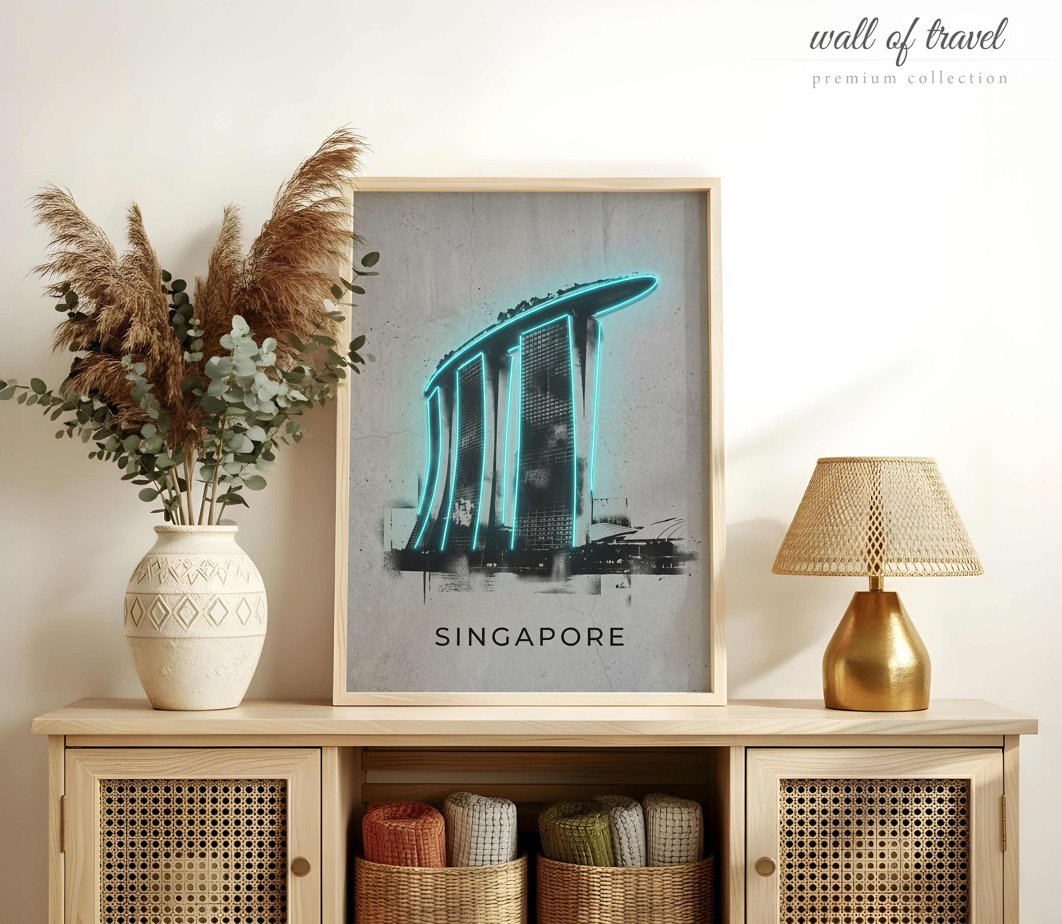 Singapore Marina Bay Sands Art, Canvas or Poster, Neon Paint Splash Decor, Living Room Office Vacation Home Wall Art, Teal Black Grey White