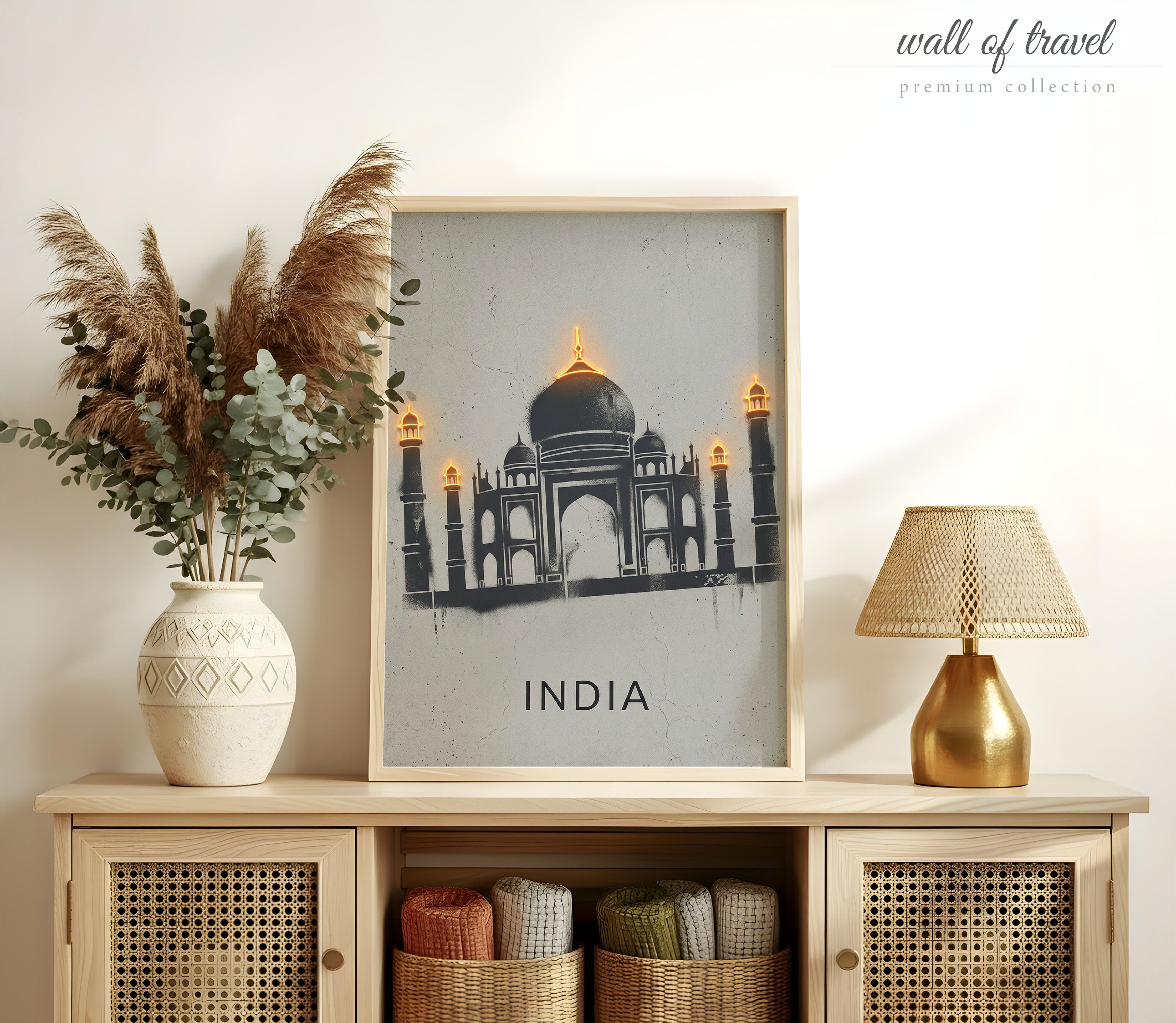 Agra India Taj Mahal Art, Canvas or Poster, Graffiti Pop Art Decor, Living Room Entryway Bedroom Vacation Home Wall Art, Black Grey White
