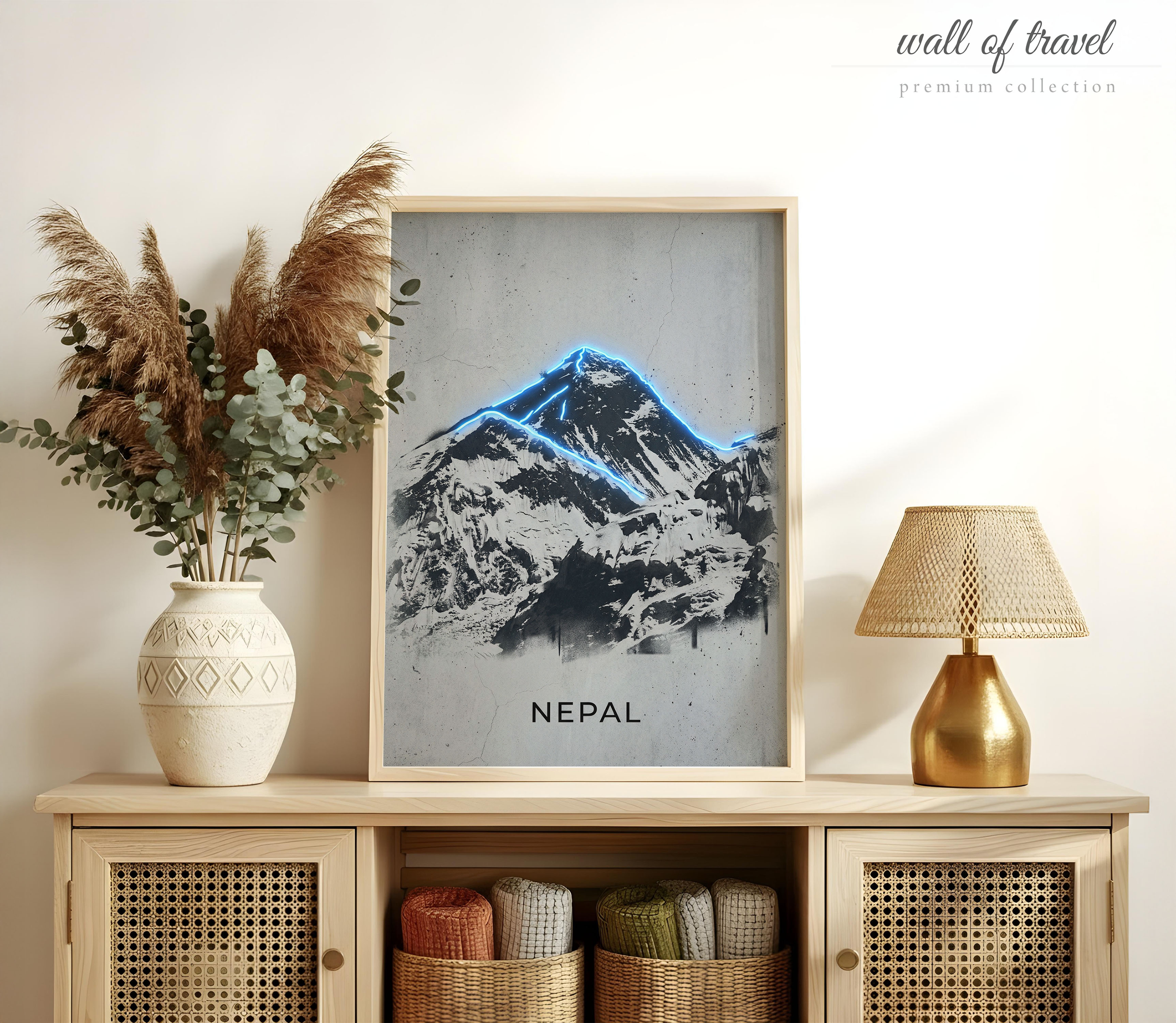 Sagarmatha Nepal Mount Everest Summit Art, Canvas or Poster, Neon Paint Splash Decor, Living Room Office Study Wall Art, Blue Black White