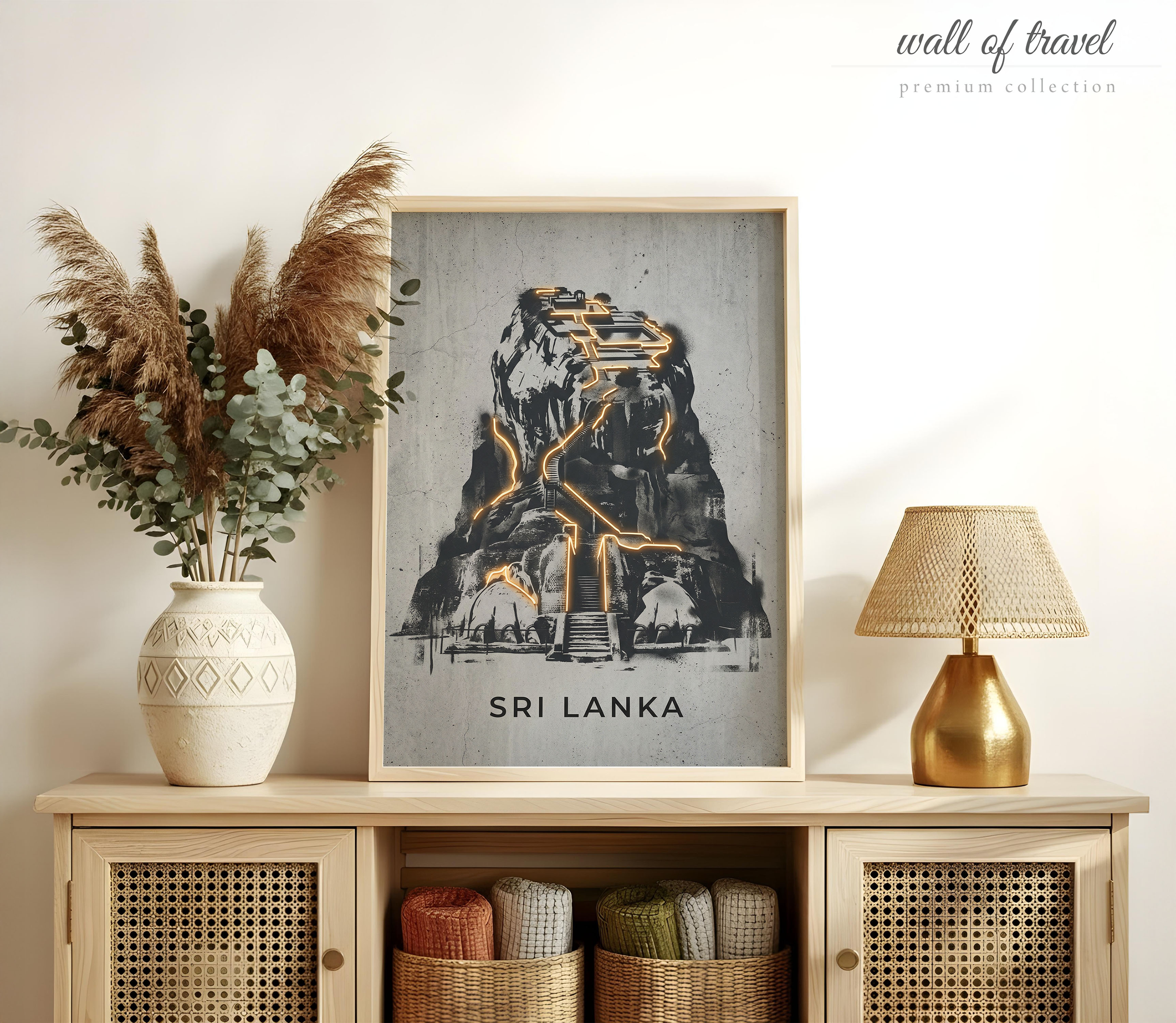 Sigiriya Sri Lanka Rock Fortress Art, Canvas or Poster, Neon Paint Splash Decor, Living Room Office Vacation Home Wall Art, Black Grey White