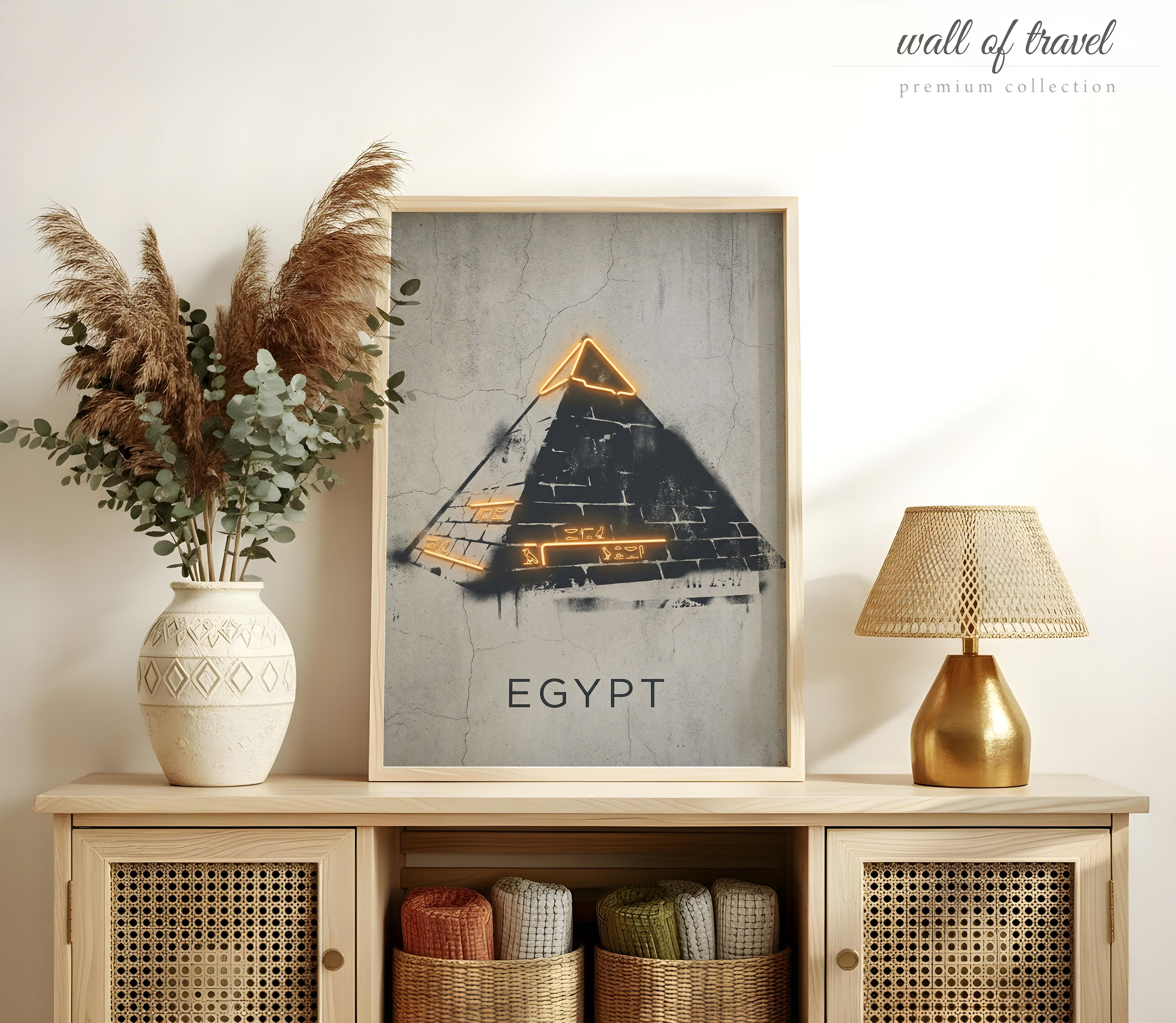 Egypt Africa Pyramid Hieroglyphs Art, Canvas or Poster, Neon Paint Splash Decor, Living Room Bedroom Office Wall Art, Orange Black Grey