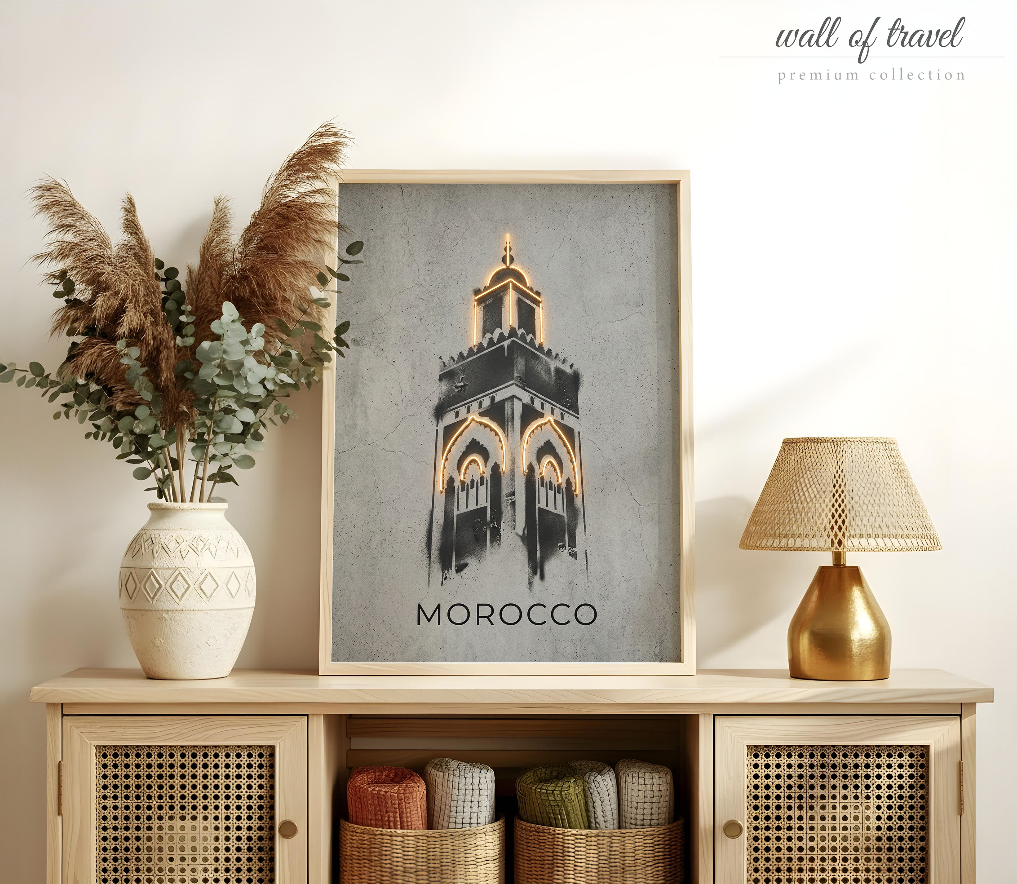 Marrakesh Morocco Koutoubia Mosque Minaret Art, Canvas or Poster, Neon Paint Splash Decor, Living Room Entryway Hallway Wall Art, Black Grey