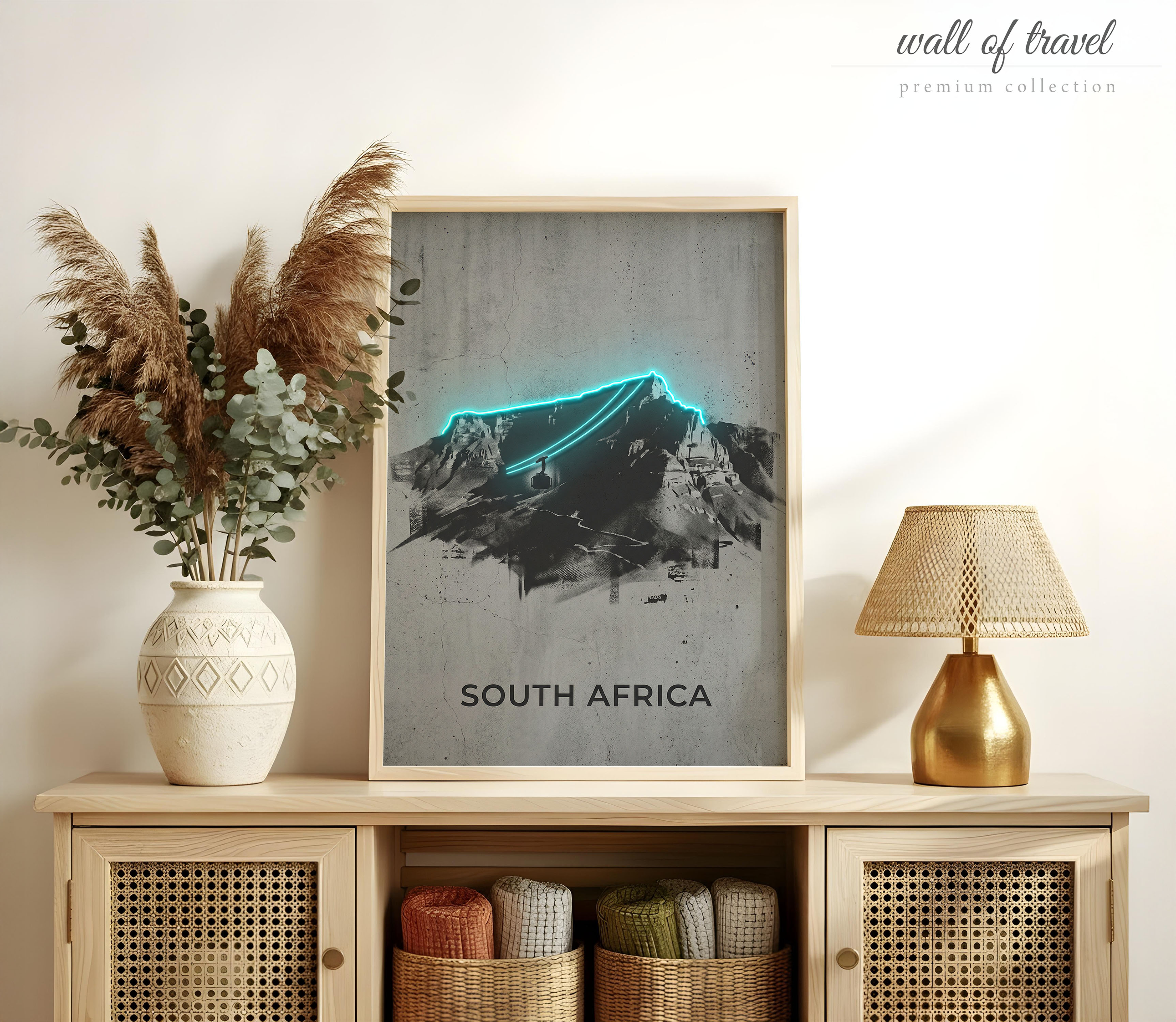 Cape Town South Africa Table Mountain Art, Canvas or Poster, Neon Paint Splash Decor, Living Room Office Entryway Wall Art, Grey Black White