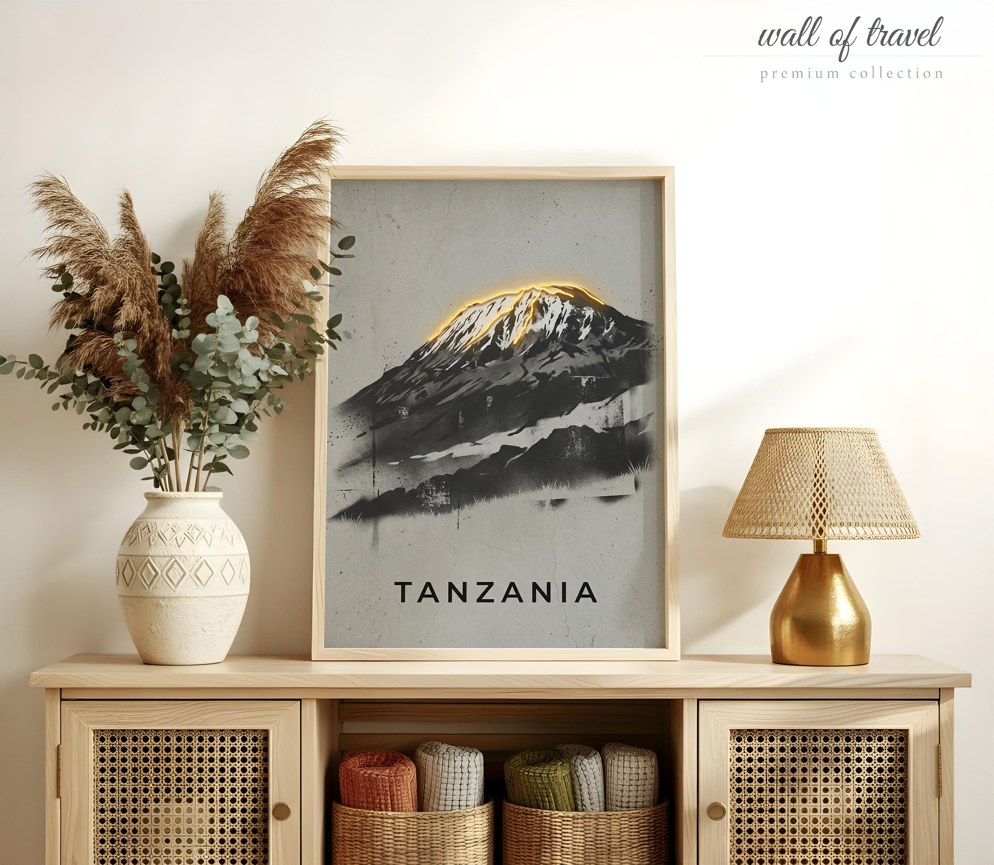 Tanzania Africa Mount Kilimanjaro Art, Canvas or Poster, Neon Paint Splash Decor, Living Room Office Vacation Home Wall Art, Grey Black
