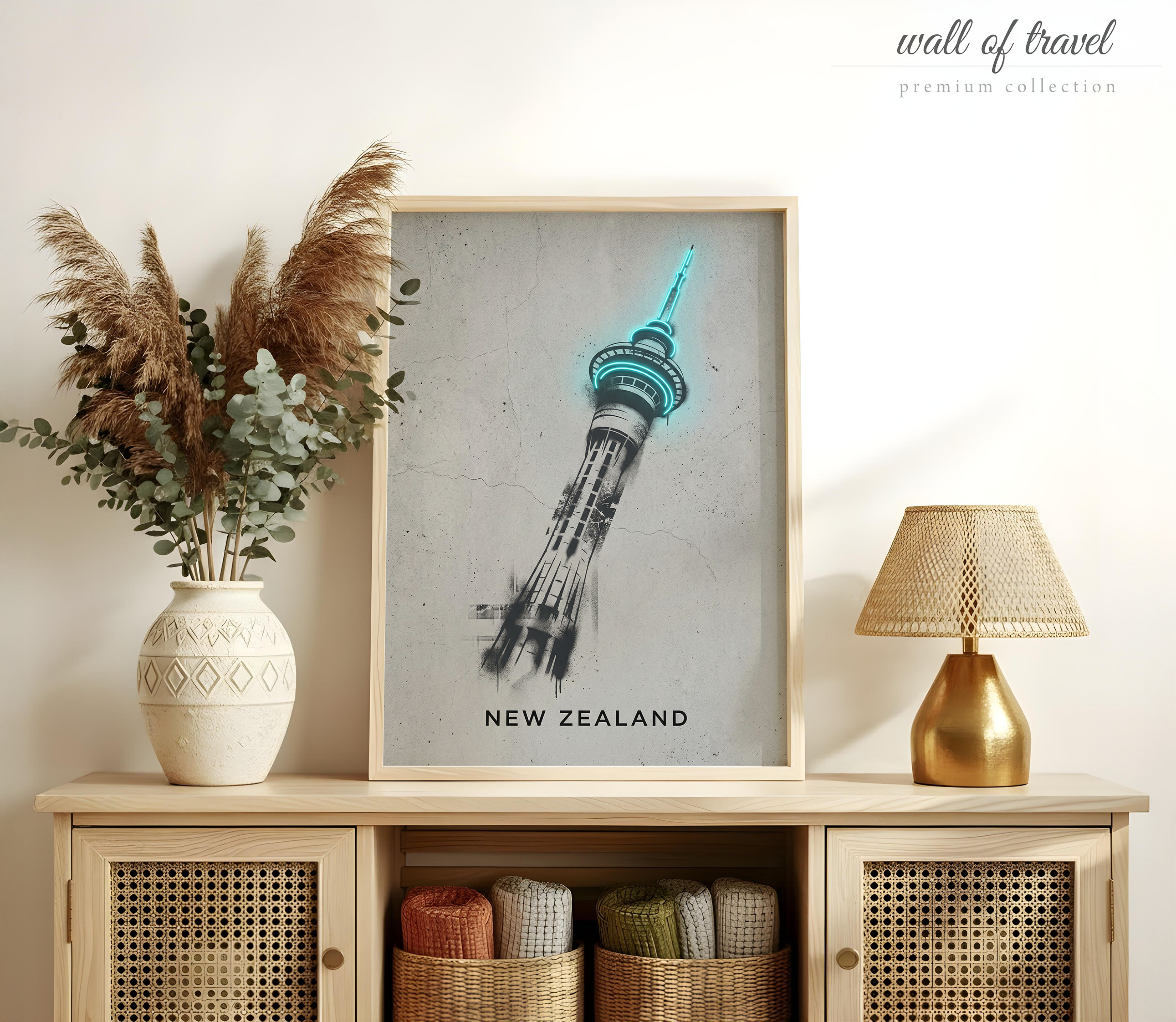 Auckland New Zealand Sky Tower Art, Canvas or Poster, Street Art Banknote Decor, Living Room Office Study Game Room Wall Art, Teal Grey