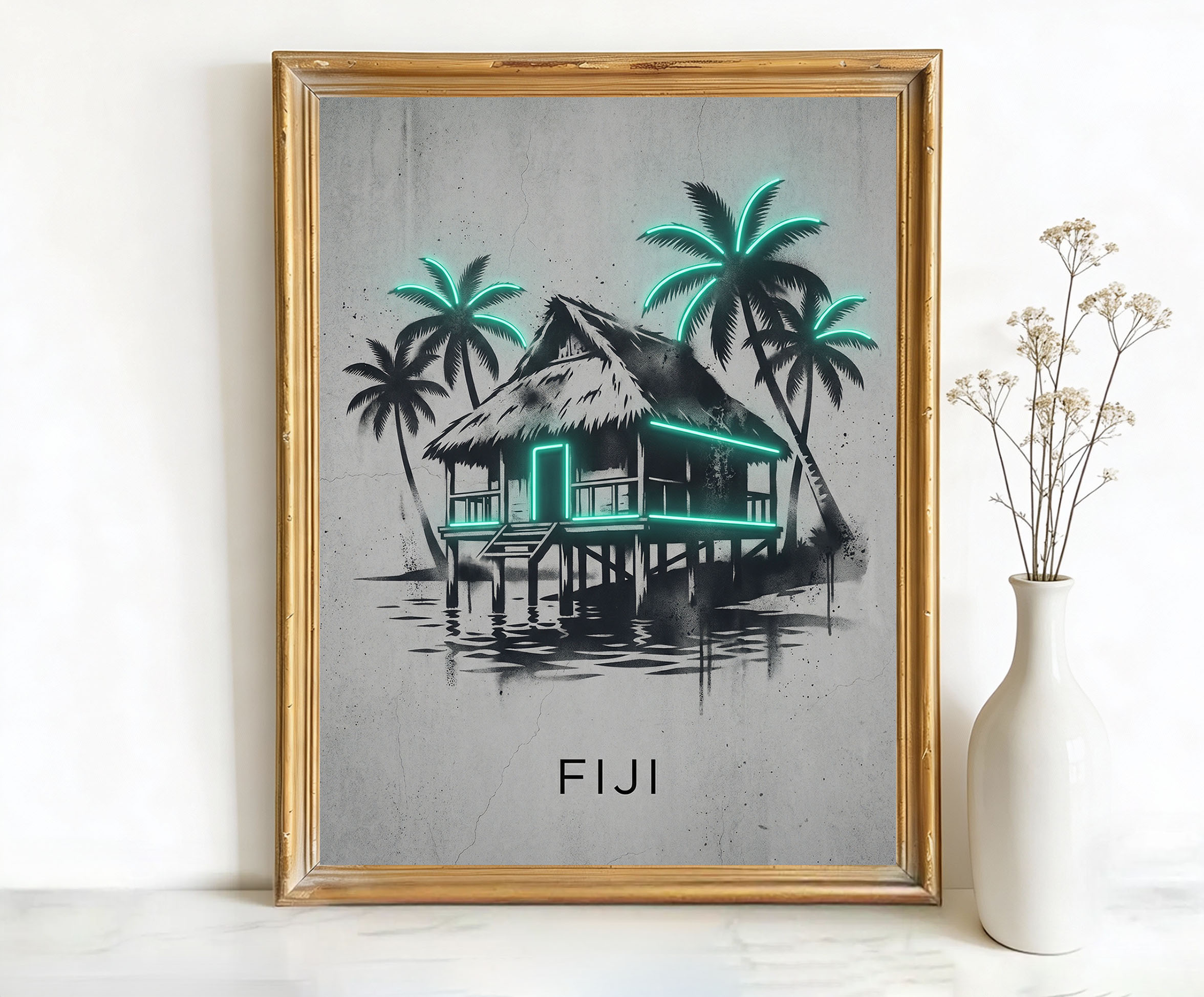 Fiji Oceania Overwater Bungalow Palm Trees Art