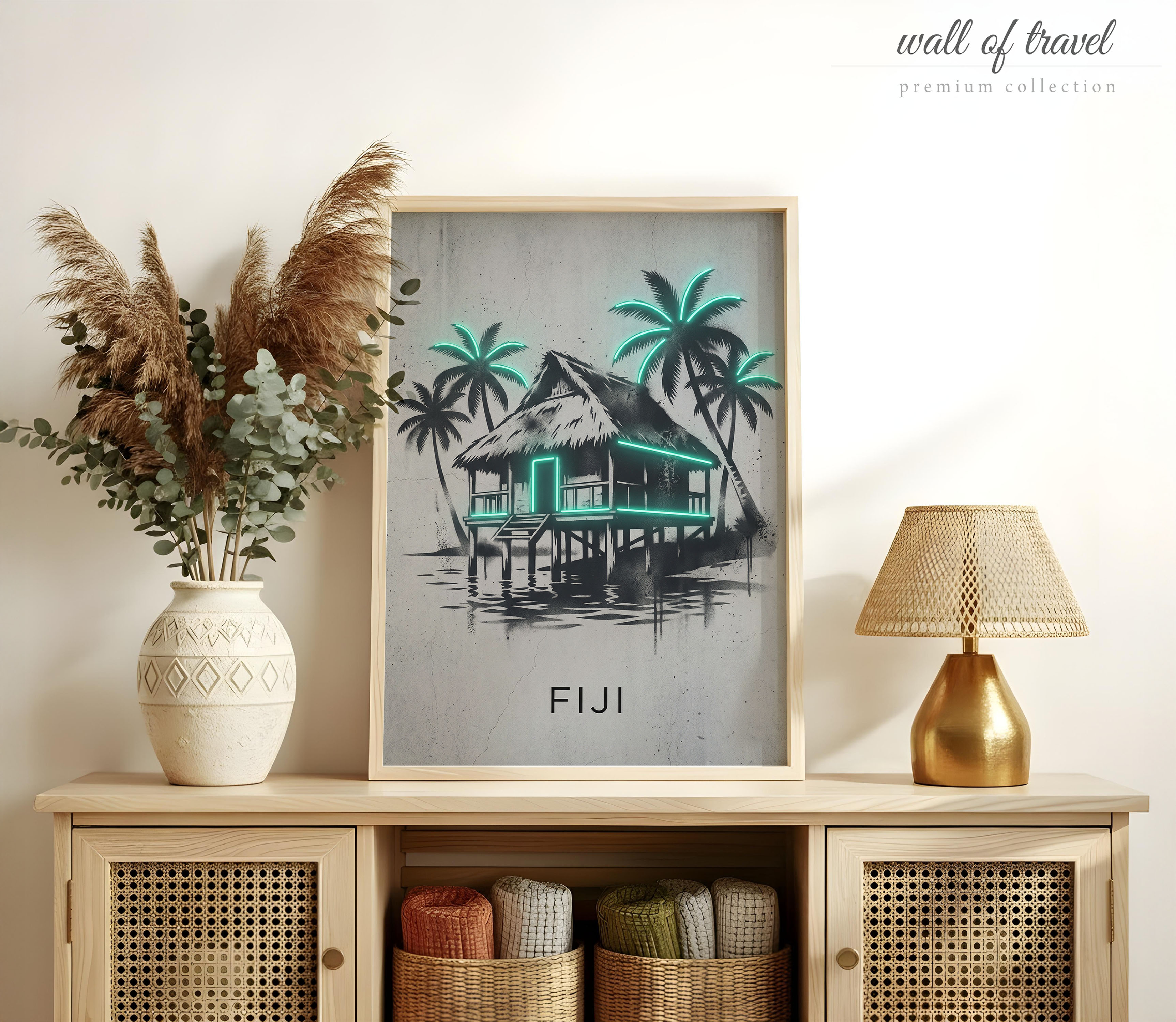 Fiji Oceania Overwater Bungalow Palm Trees Art, Canvas or Poster, Neon Paint Splash Decor, Living Room Bedroom Vacation Home Wall Art, Grey