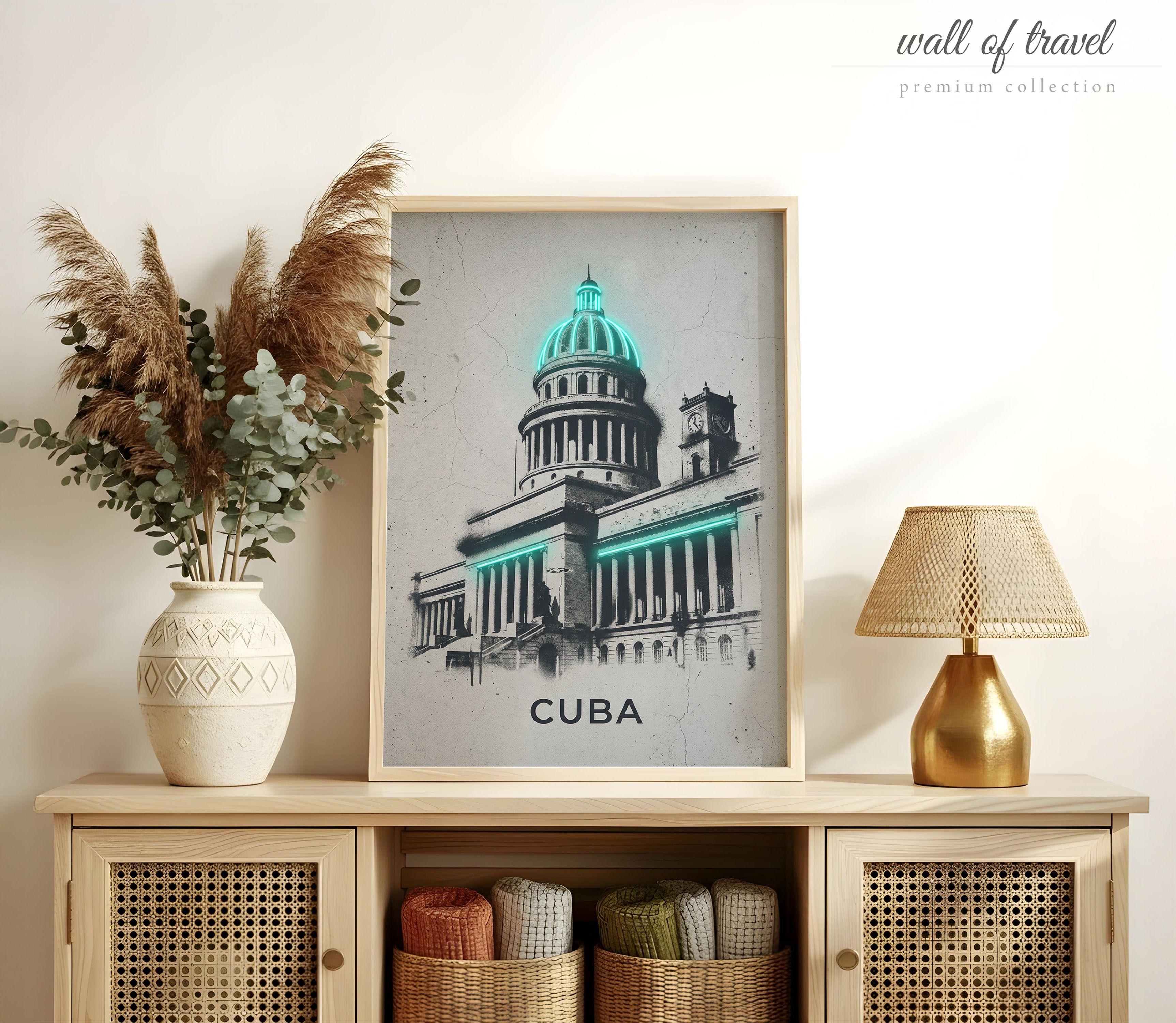 Havana Cuba National Capitol Building Art, Canvas or Poster, Neon Paint Splash Decor, Living Room Office Entryway Wall Art, Teal Black White