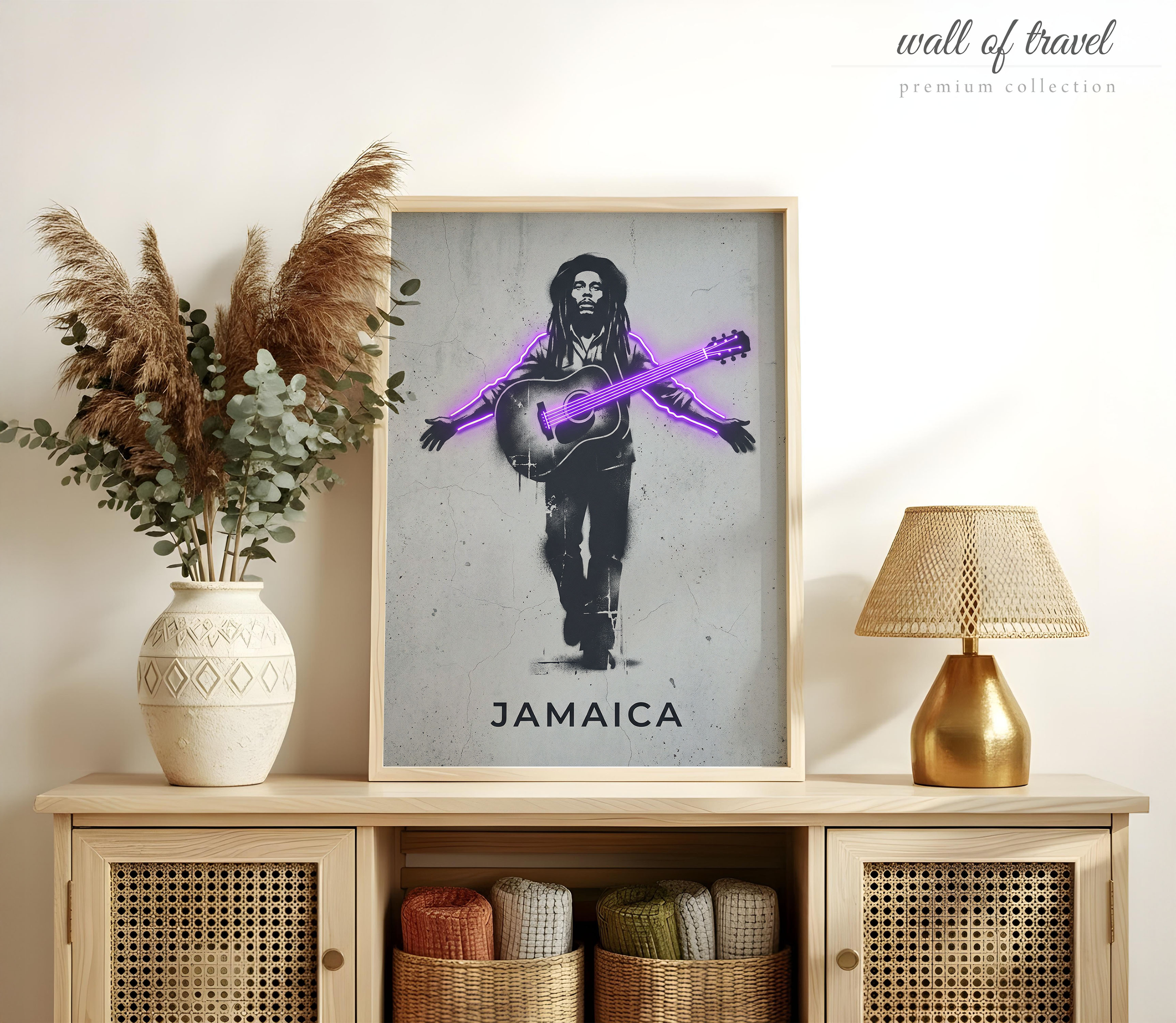 Jamaica Jamaica Bob Marley Art, Canvas or Poster, Neon Paint Splash Decor, Living Room Home Bar Music Room Wall Art, Purple Black Grey