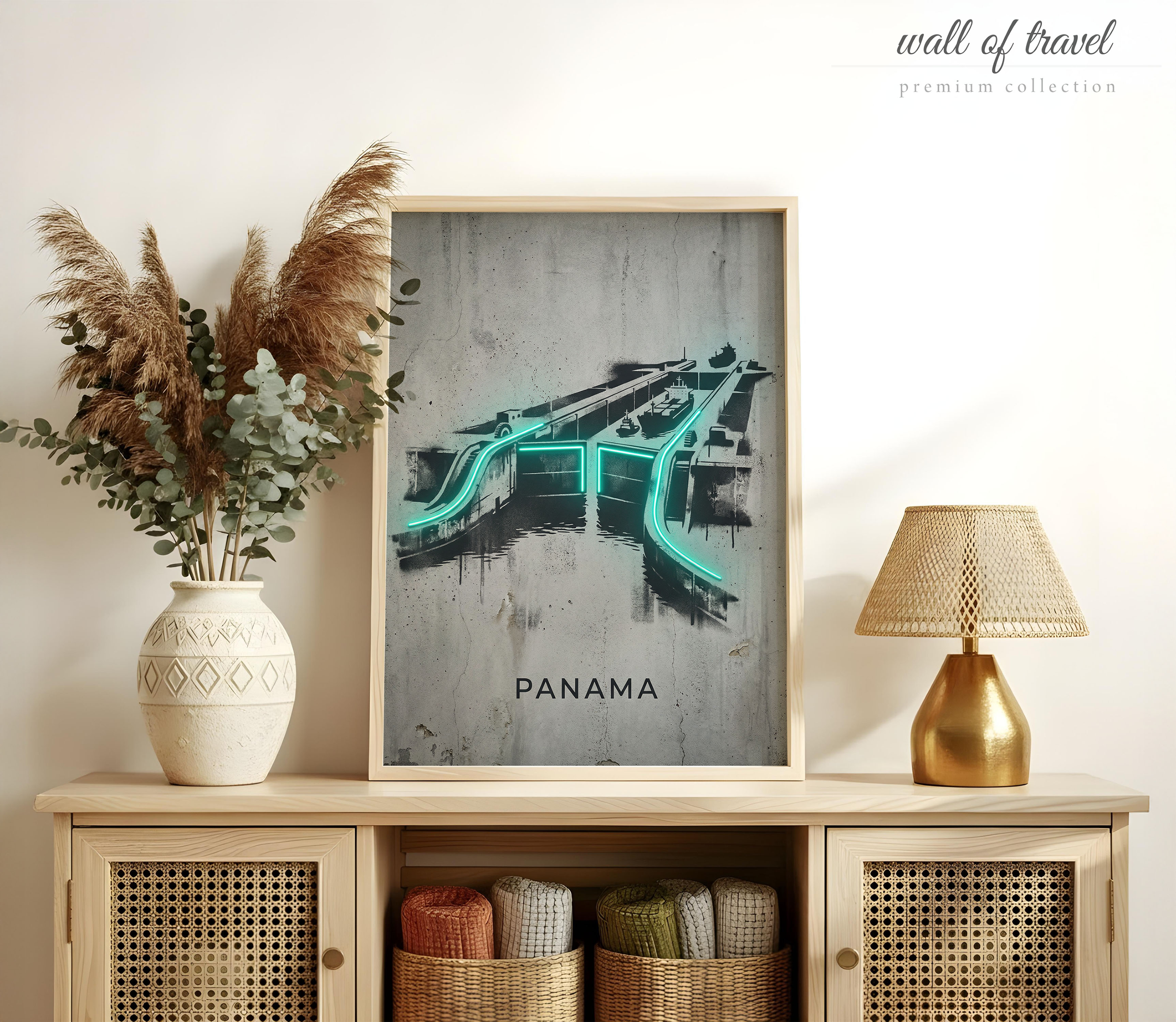 Panama Canal Locks Art, Canvas or Poster, Neon Paint Splash Decor, Living Room Entryway Office Vacation Home Wall Art, Teal Black Grey White