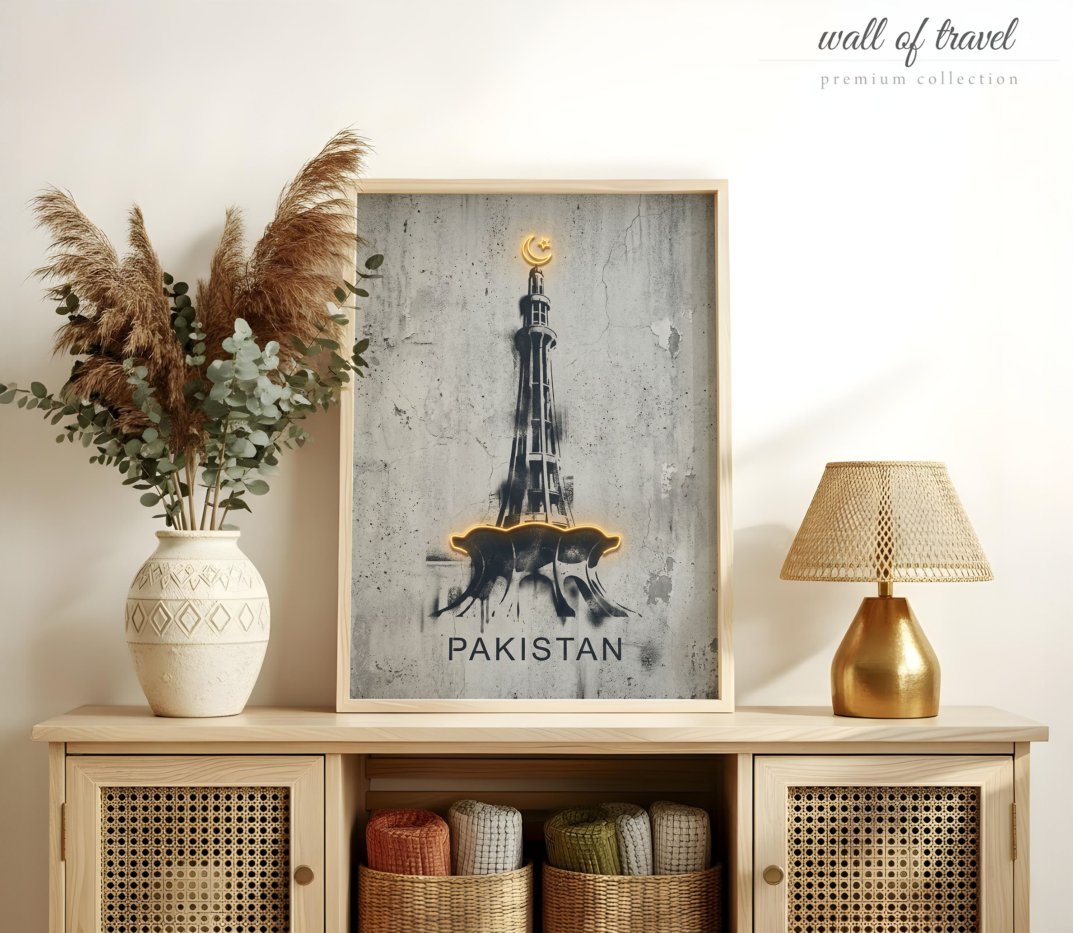 Pakistan Minar-e-Pakistan Art, Canvas or Poster, Graffiti Pop Art Decor, Living Room Office Study Game Room Wall Art, Grey Black Gold White