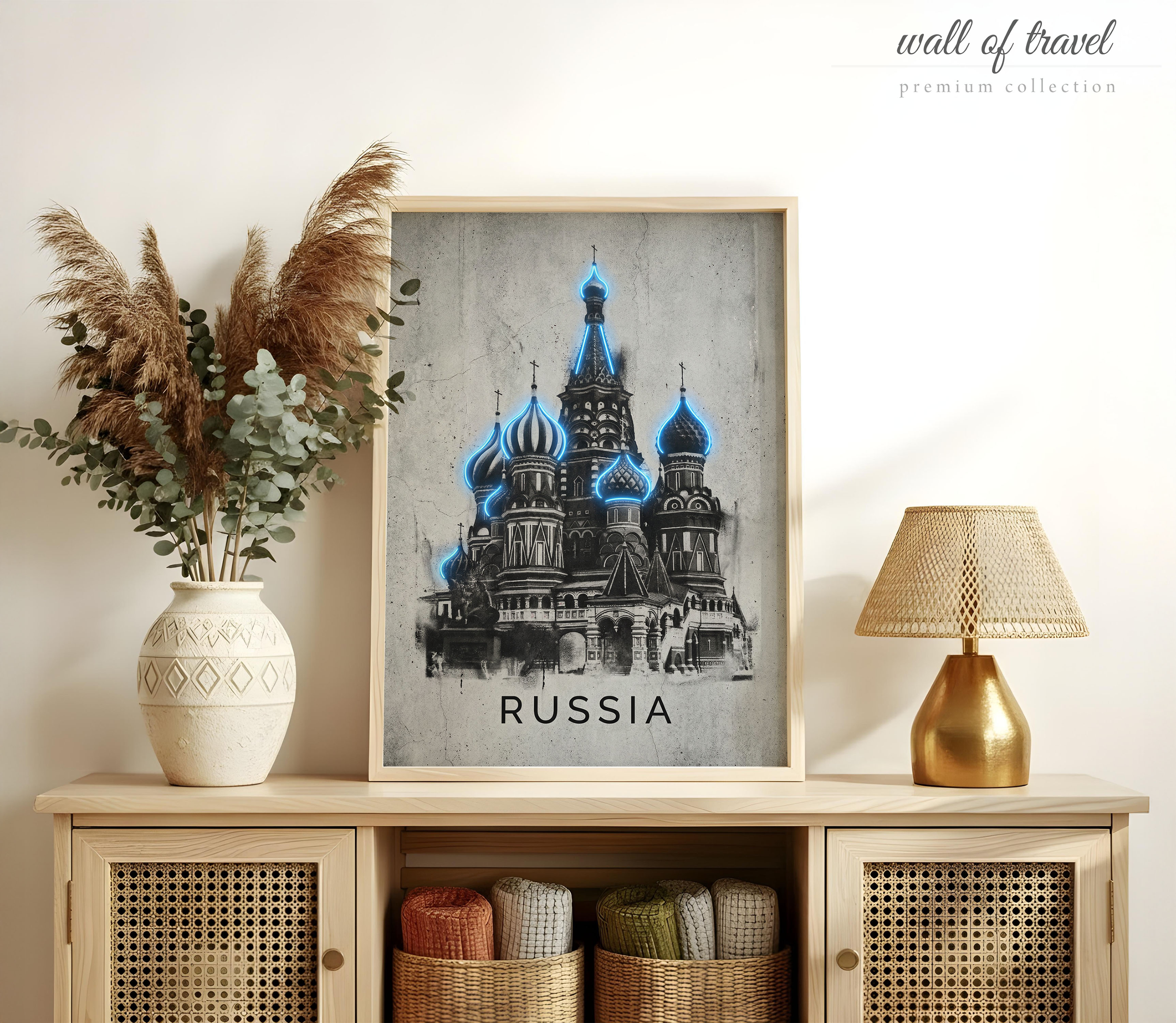 Moscow Russia Saint Basil's Cathedral Art, Canvas or Poster, Neon Paint Splash Decor, Living Room Entryway Office Wall Art, Blue Black White