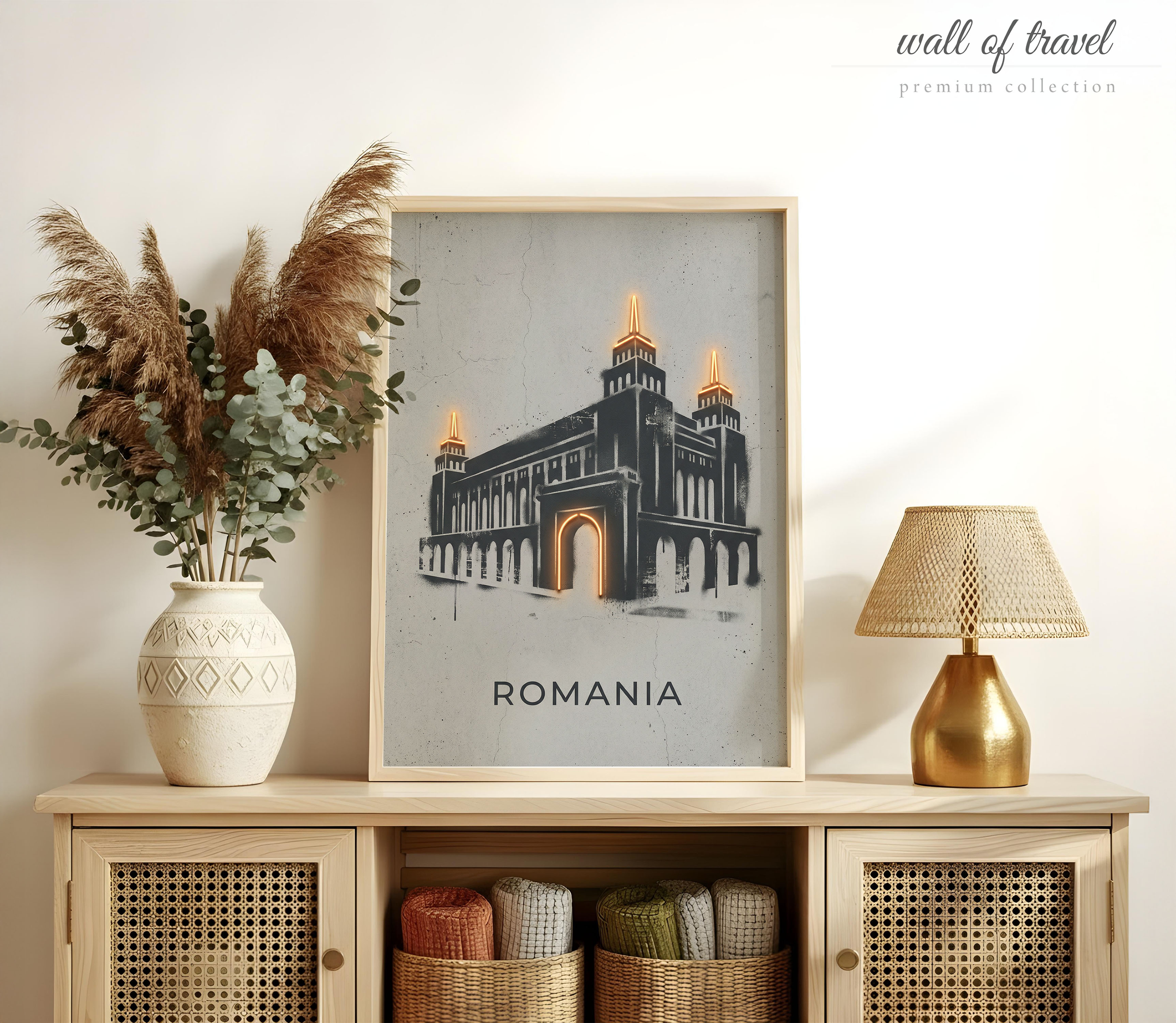 Romania Romania Grand Architecture Art, Canvas or Poster, Graffiti Pop Art Decor, Living Room Office Home Bar Wall Art, Black Yellow Grey