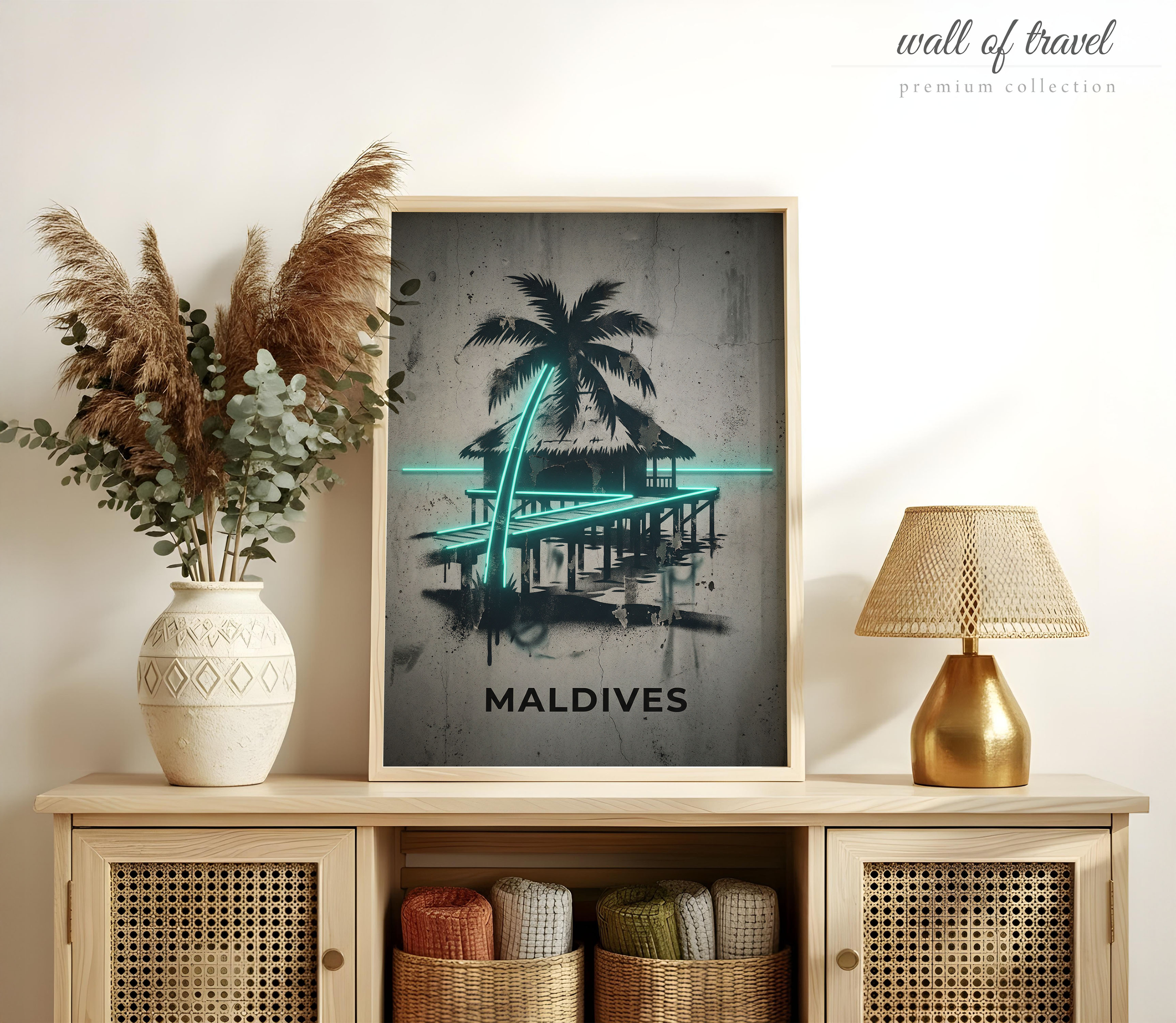 Maldives Maldives Overwater Bungalow Art, Canvas or Poster, Neon Paint Splash Decor, Living Room Bedroom Airbnb Wall Art, Teal Black Grey