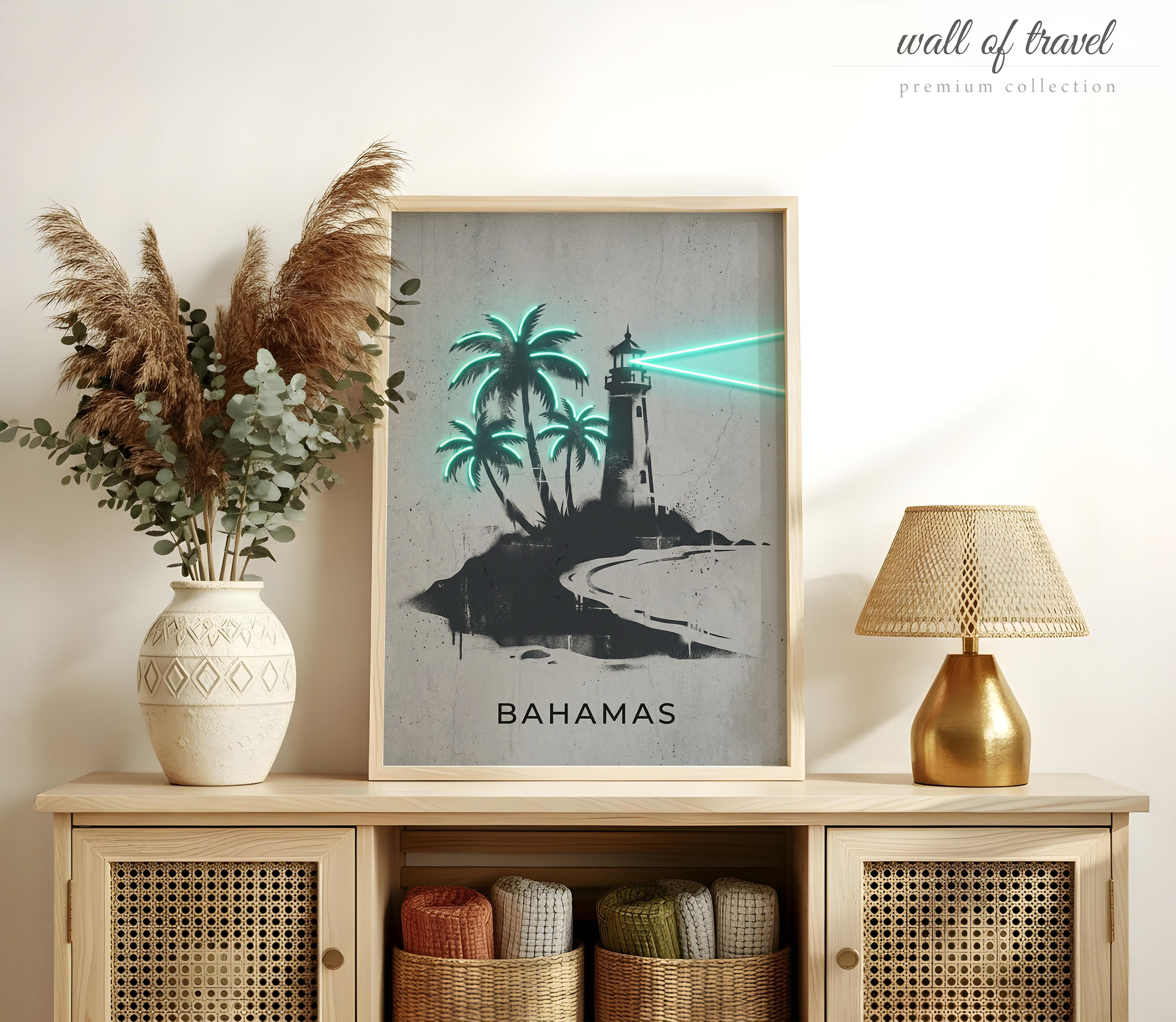 Bahamas Lighthouse Art, Canvas or Poster, Neon Paint Splash Decor, Vacation Home Living Room Bedroom Entryway Wall Art, Teal Grey White